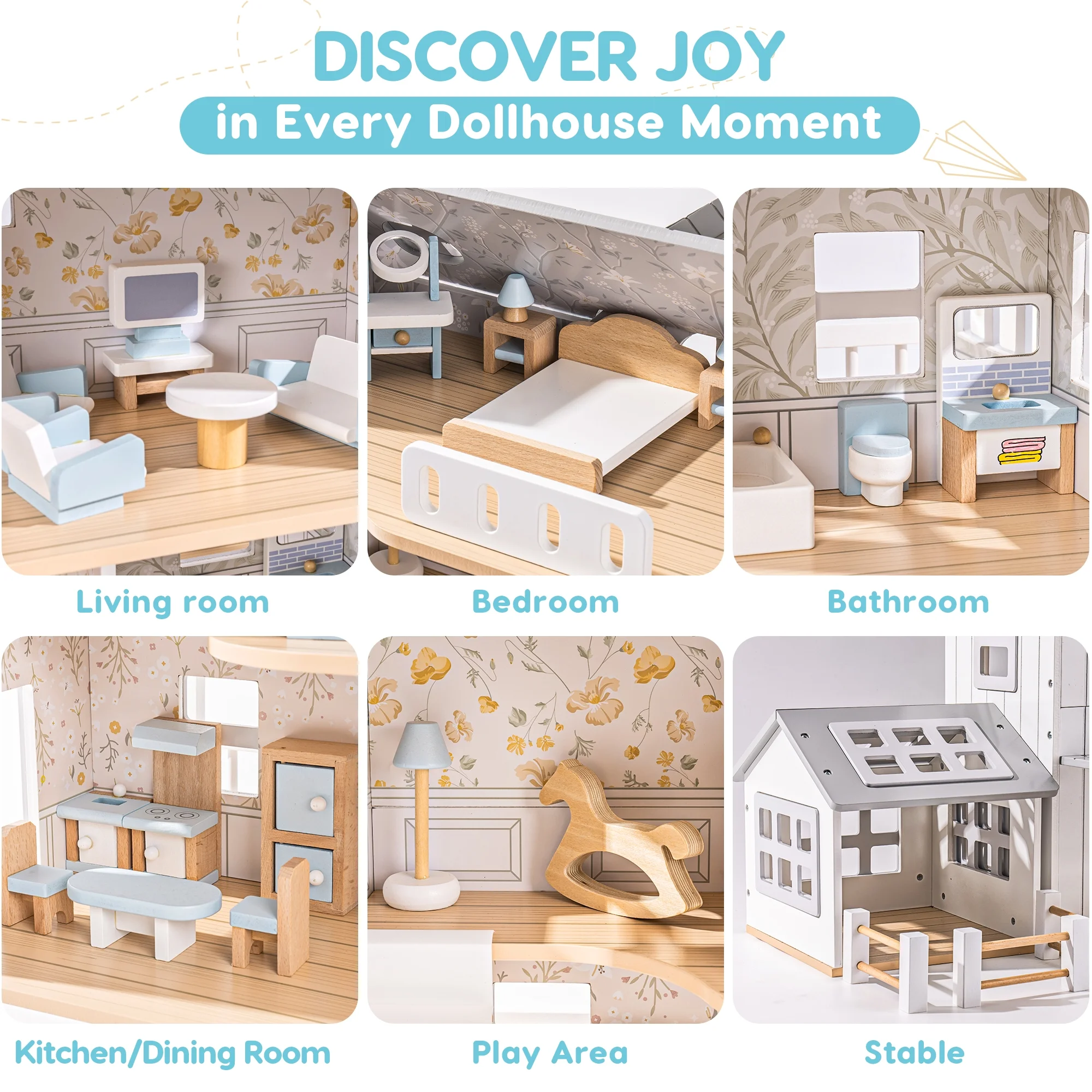 Robud Wooden Dollhouse Set with 25pcs Furniture,6-Room Doll Playhouse,Preschool Toy for Toddlers Kids Age 3+,Gray