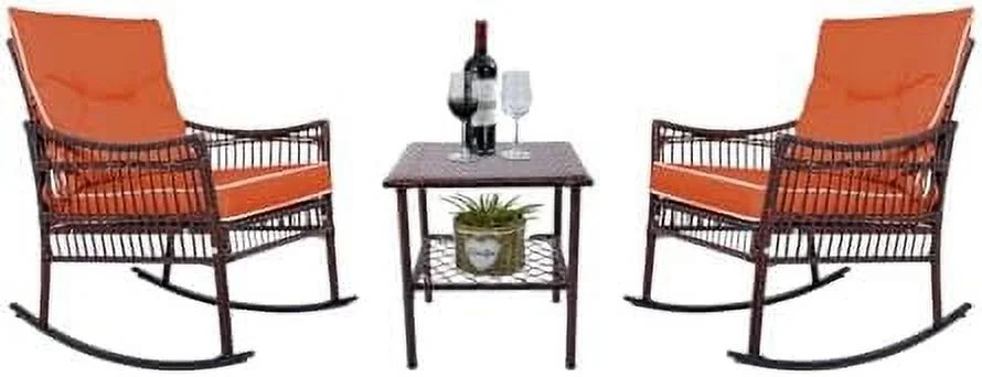 LNSETGC Outdoor Rocking Chairs  3 Pieces Patio Conversation Set  Wicker Rocking Chairs  with Coffee Table  Front Porch  for Garden and Balcony (Brown Rattan Beige Cushion)