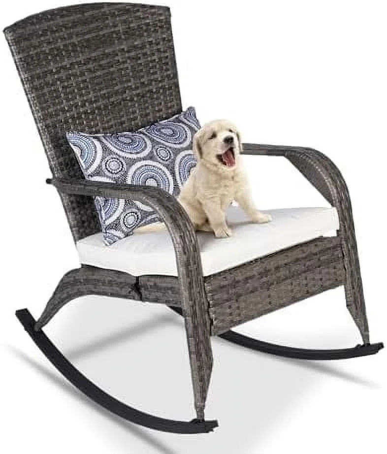 CHIOPKM Patio Rocking Chair- Wicker Rocking Chairs Outdoor with Cushions and Pillow  All-Weather Outdoor Rocker Chair with 2 Replaceable Cushion Covers (White & Blue) 350lbs