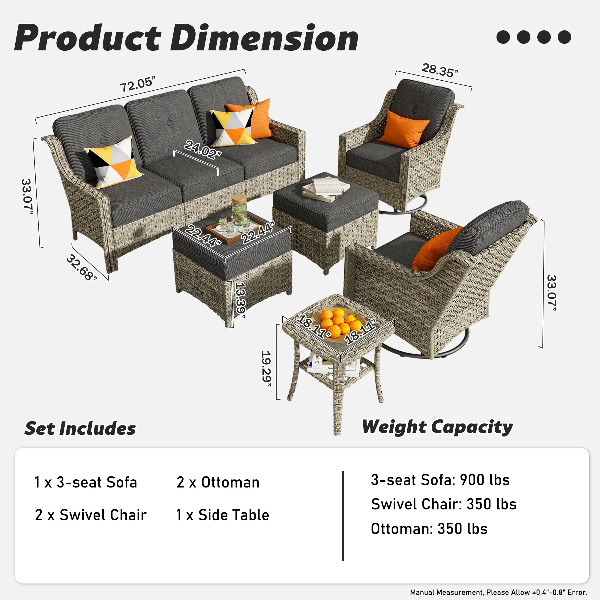 Ovios High-Back Outdoor Furniture 6 Pieces Gray Wicker Patio Conversation Set with Rocking Swivel Chairs for Backyard