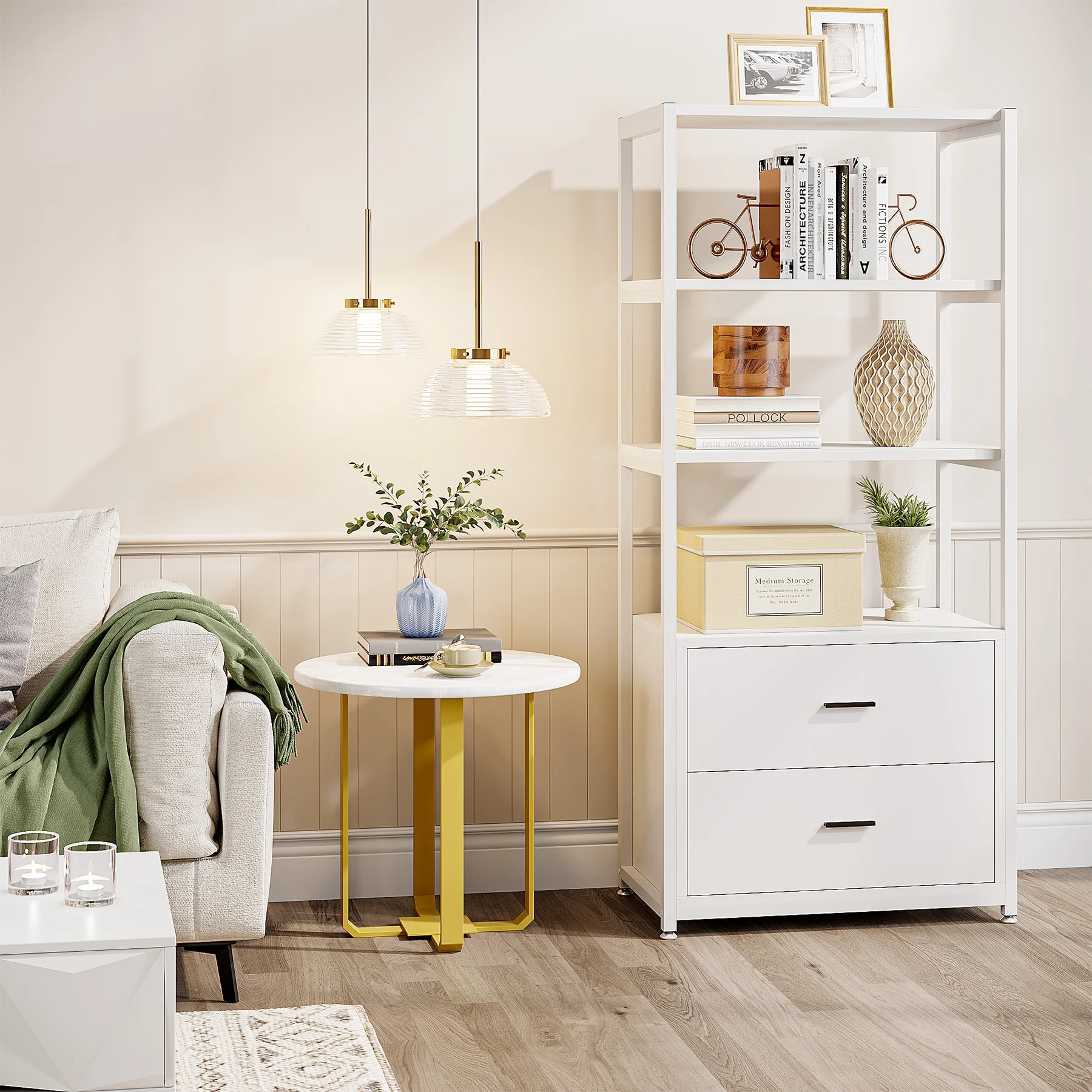 Tribesigns Bookcase 4-Tier White Bookshelf with 2 Drawers White