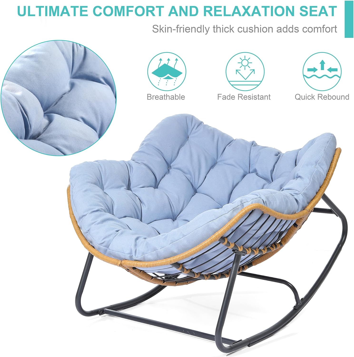 SWITTE Outdoor Rocking Chair, Patio Egg Rocking Chair, Indoor Papasan Chair, Rattan Wicker Lounge Chair, Modern Royal Chair for Bedroom, Living Room, Porch, Garden, Lawn-Blue