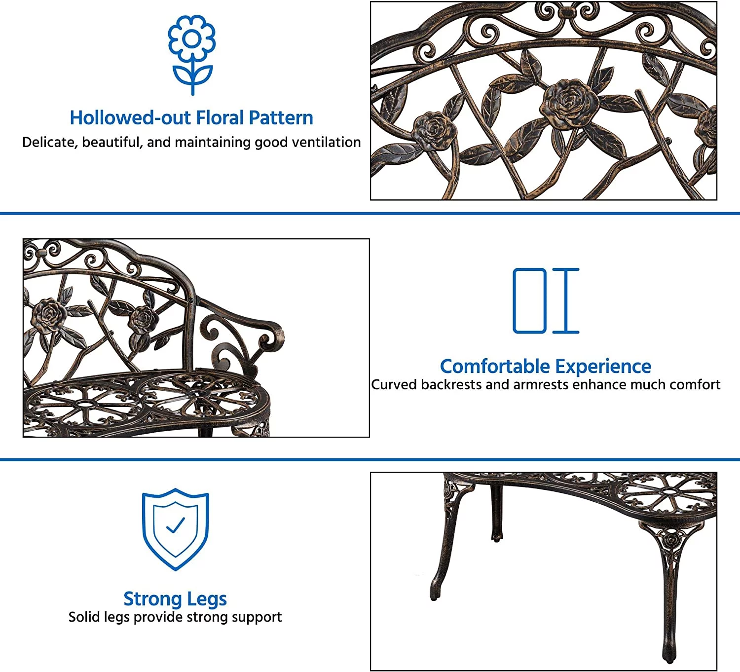 Outdoor Garden Bench Patio Park Bench, Aluminum Floral Rose Accented Antique Metal Bench Loveseat, Outdoor Yard Furniture