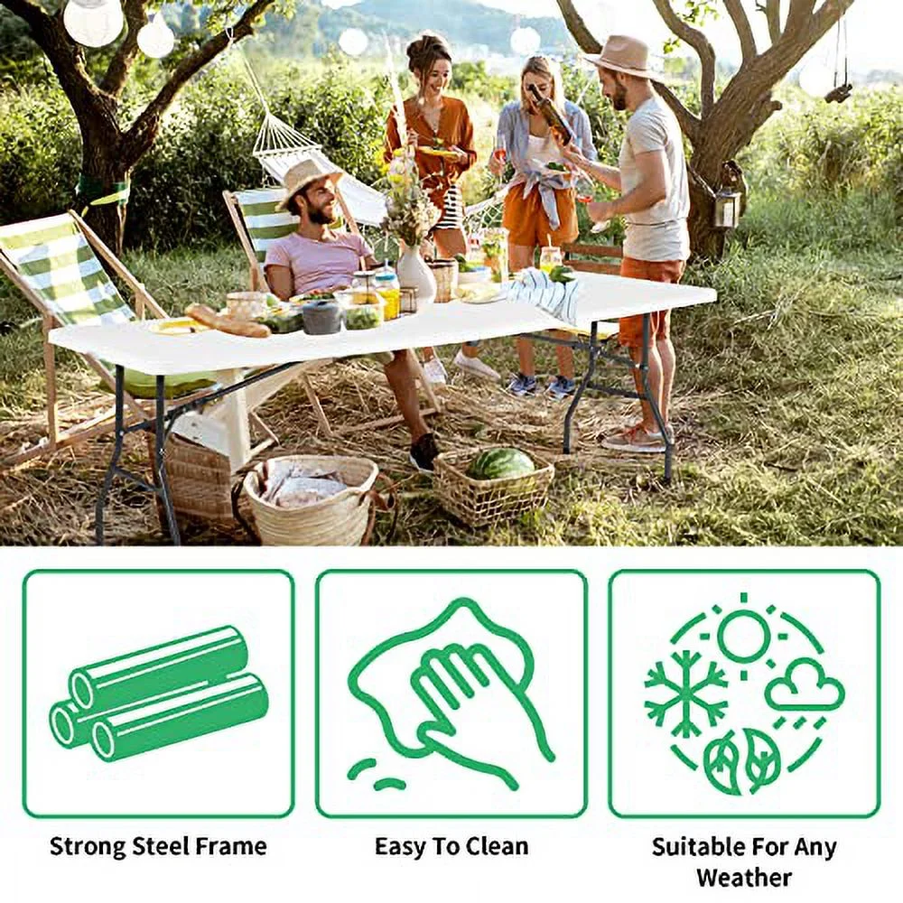 8 Ft Folding Table Lightweight Plastic Table Fold-in-Half Utility Foldable Table with Carry Handle Indoor Outdoor Portable Table for Picnic, Camping and Party, White