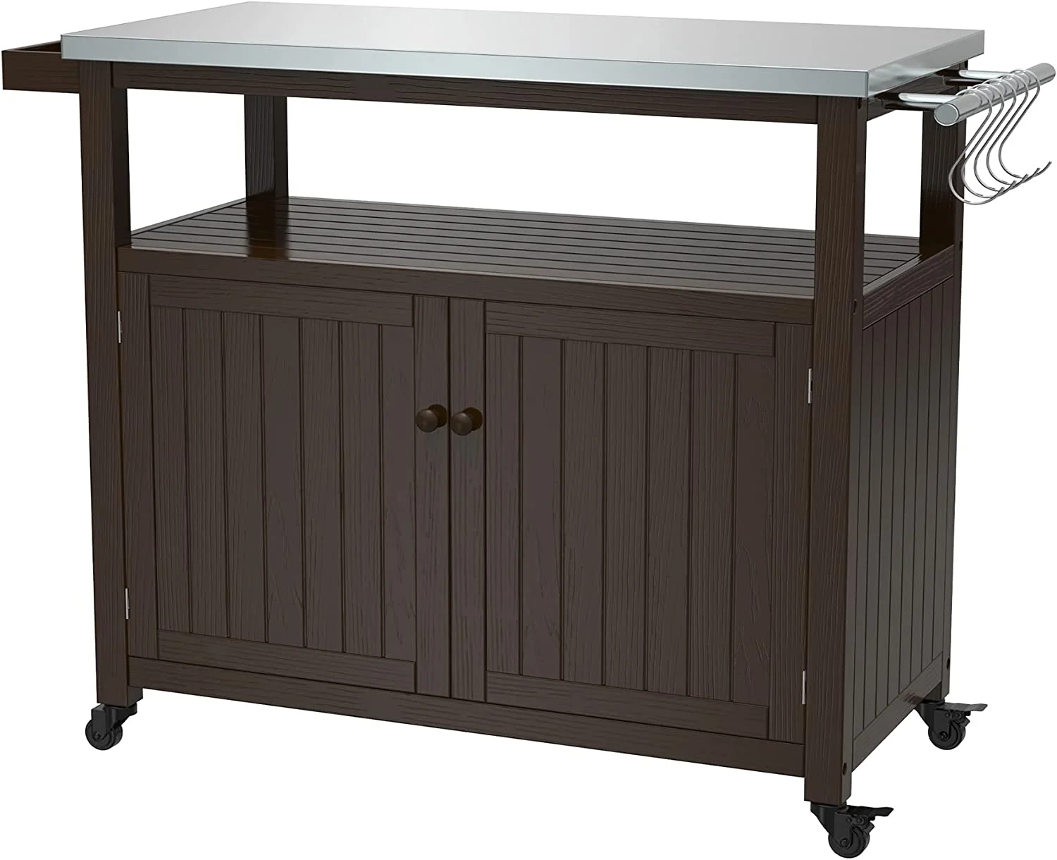 Outdoor Storage Cabinet Solid Wood Prep Grill Table with Stainless Steel Top Waterproof Cover Dark Brown