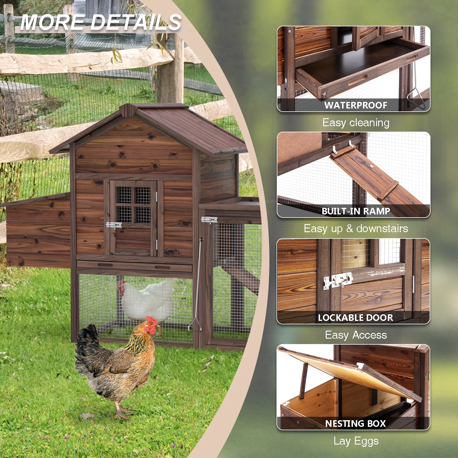 TANGJEAMER Wooden Chicken Coop Large Outdoor Hen House with Nest Box Poultry Cage Rabbit Hutch 80''- Waterproof UV Panel Brown