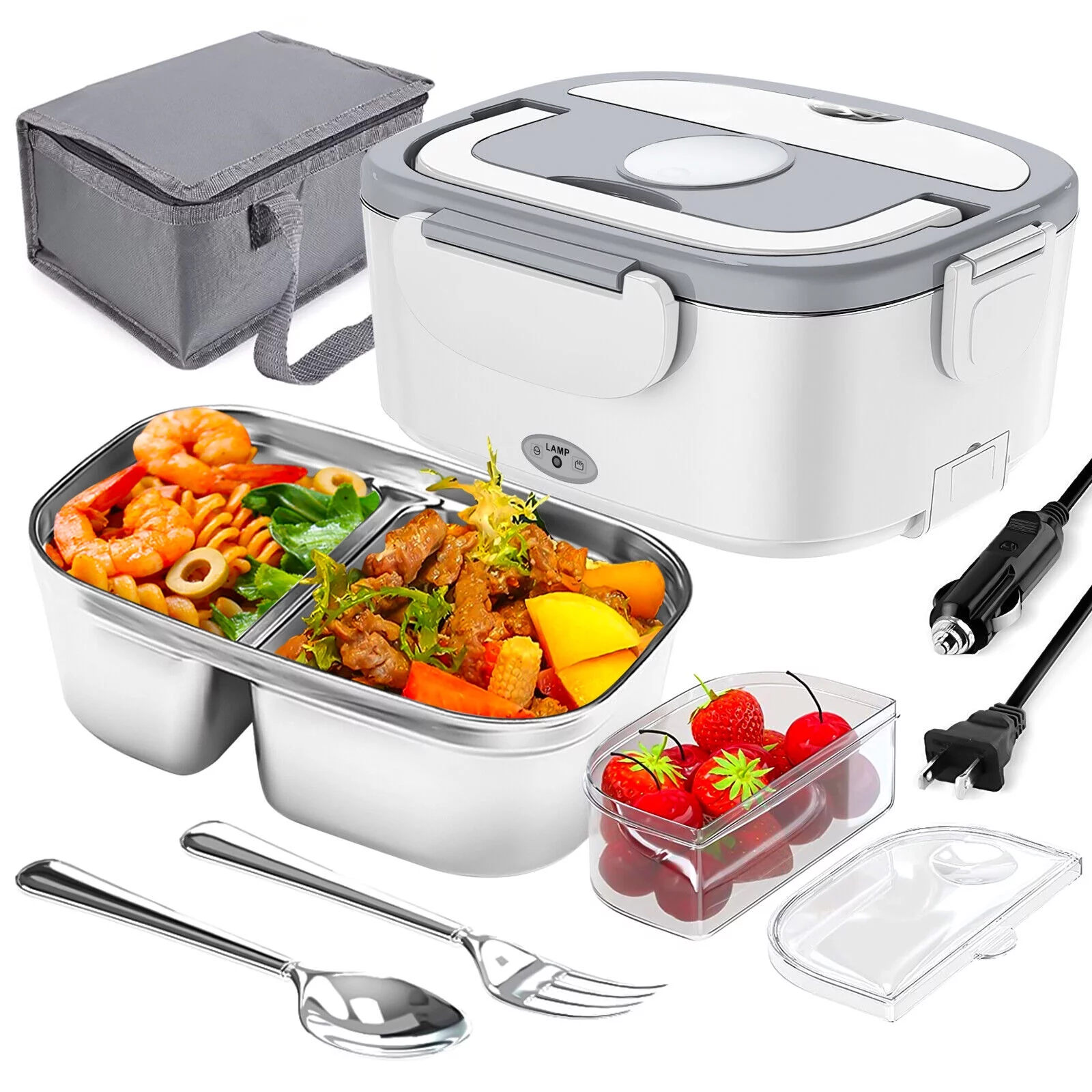 Electric Lunch Box Portable Food Warmer Leak Proof, Microwave Lunch Warmer with Removable Stainless Steel Container, Fork, Spoon and Carrying Bag 1.5 Liter, 110V/12V
