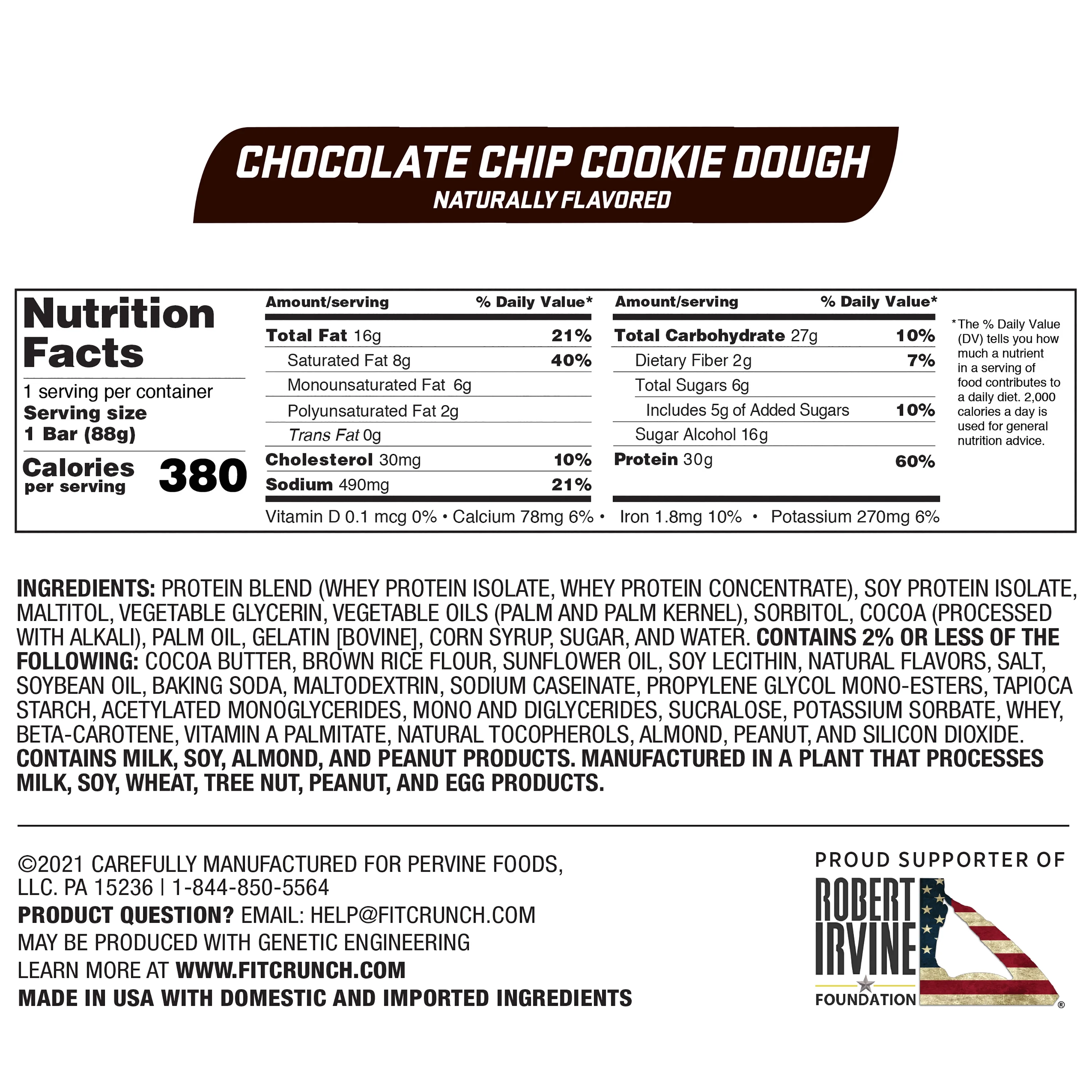 Chef Robert Irvine's FITCRUNCH Chocolate Chip Cookie Dough, High Protein Baked Bar, 30g Protein, 3.1 oz., 1ct
