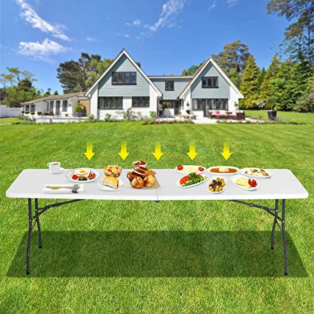 8 Ft Folding Table Lightweight Plastic Table Fold-in-Half Utility Foldable Table with Carry Handle Indoor Outdoor Portable Table for Picnic, Camping and Party, White