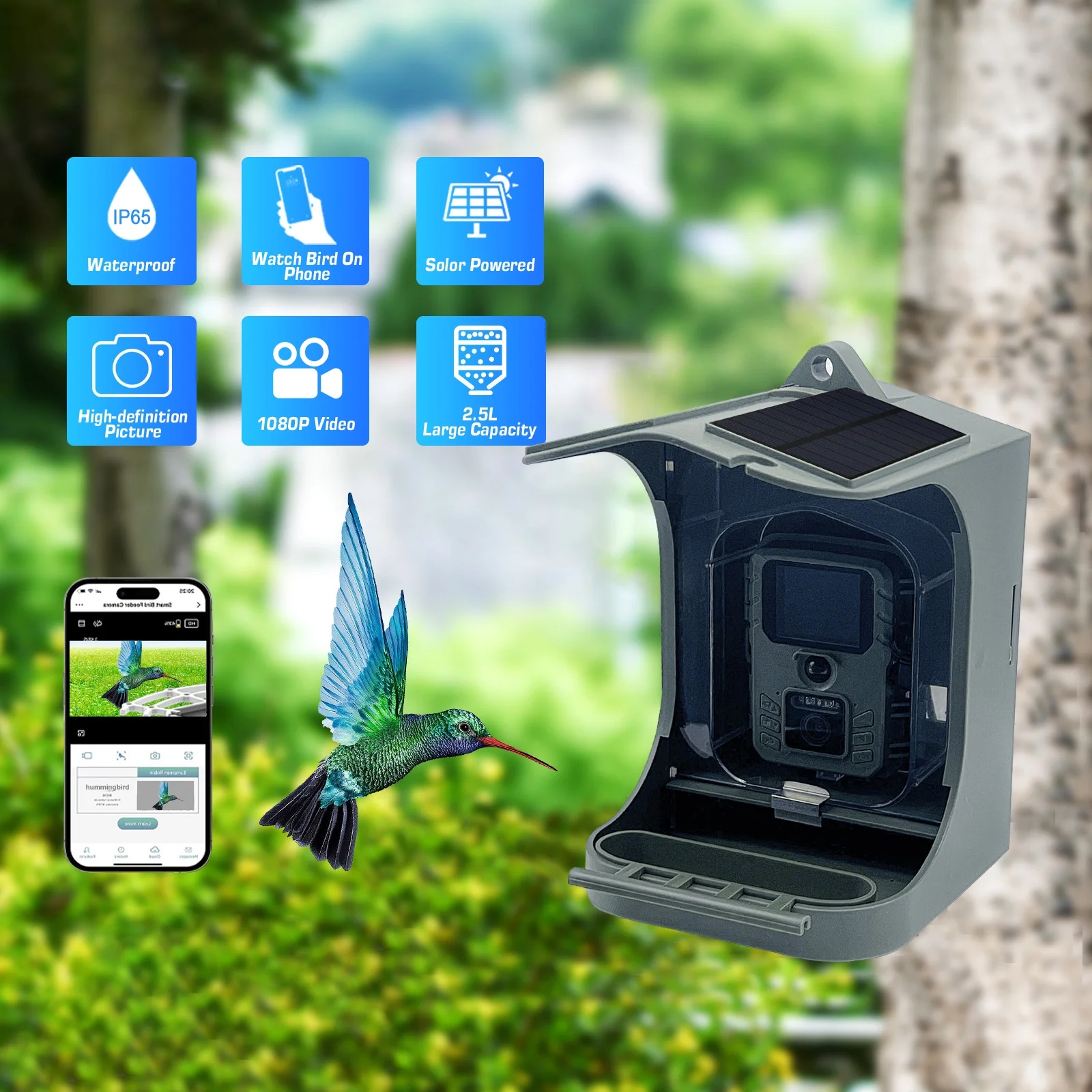 Solar Powered 1080P Wireless WiFi Smart Bird Feeder Camera Waterproof Bird Watching Camera