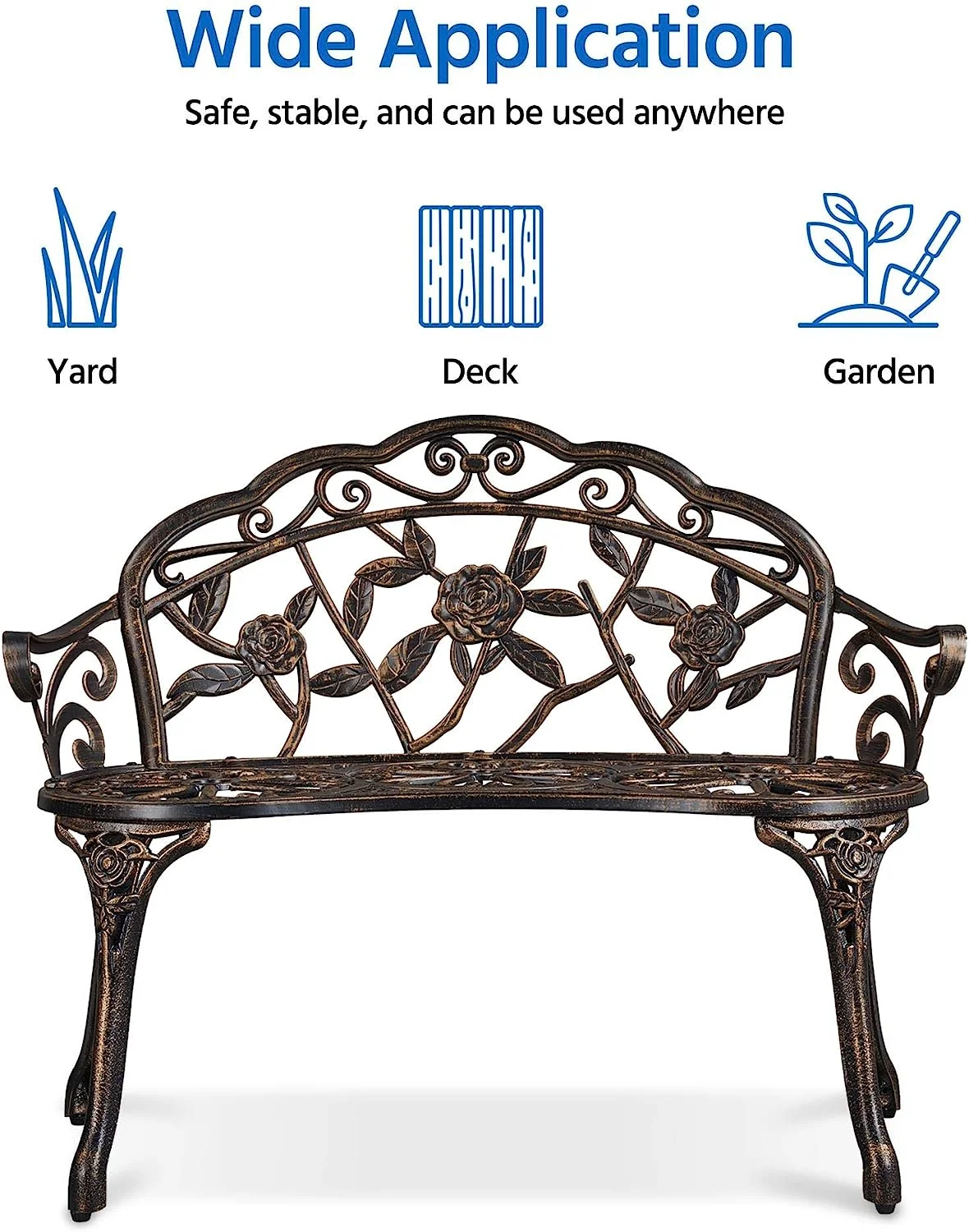 Outdoor Garden Bench Patio Park Bench, Aluminum Floral Rose Accented Antique Metal Bench Loveseat, Outdoor Yard Furniture