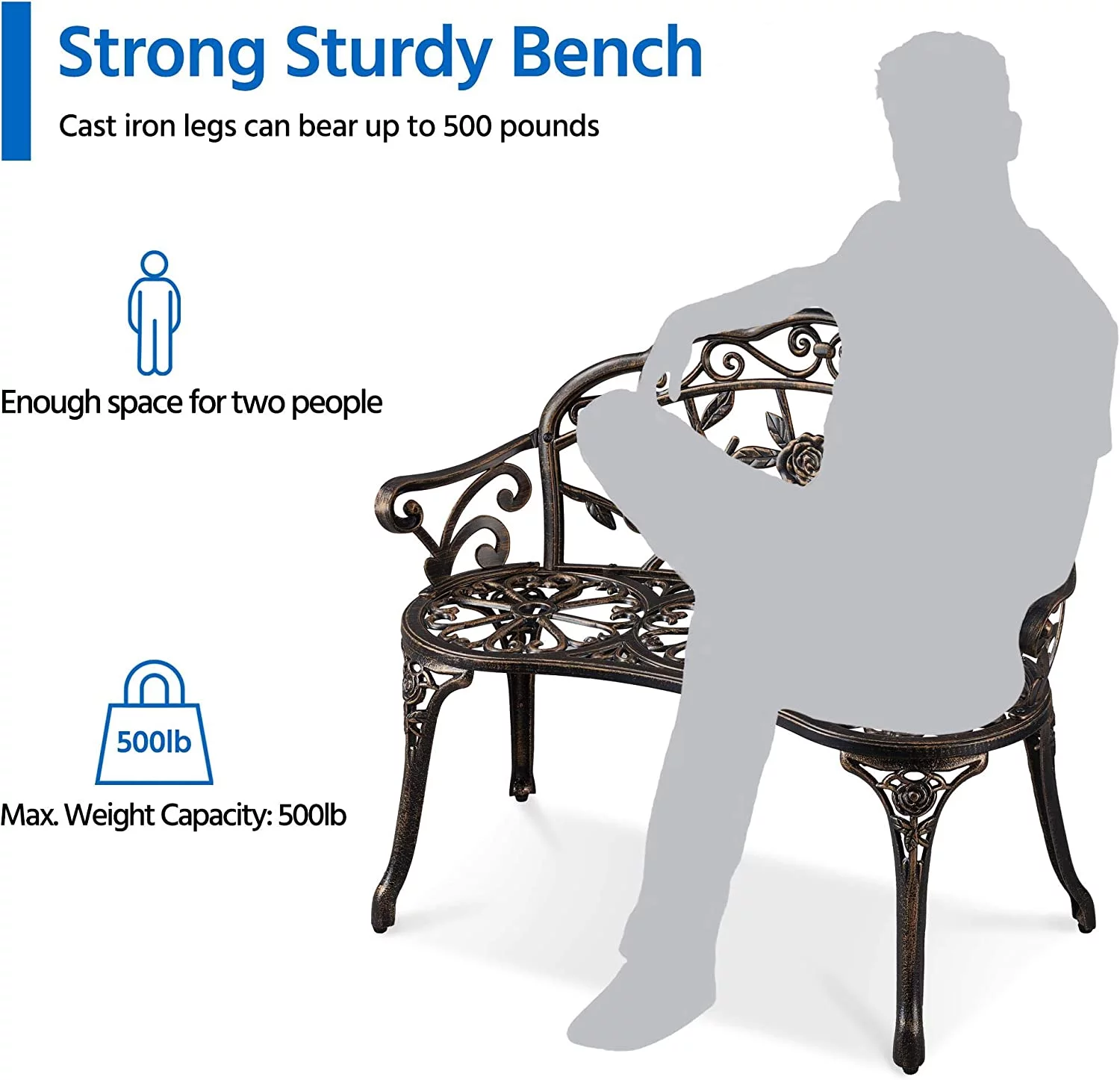 Outdoor Garden Bench Patio Park Bench, Aluminum Floral Rose Accented Antique Metal Bench Loveseat, Outdoor Yard Furniture