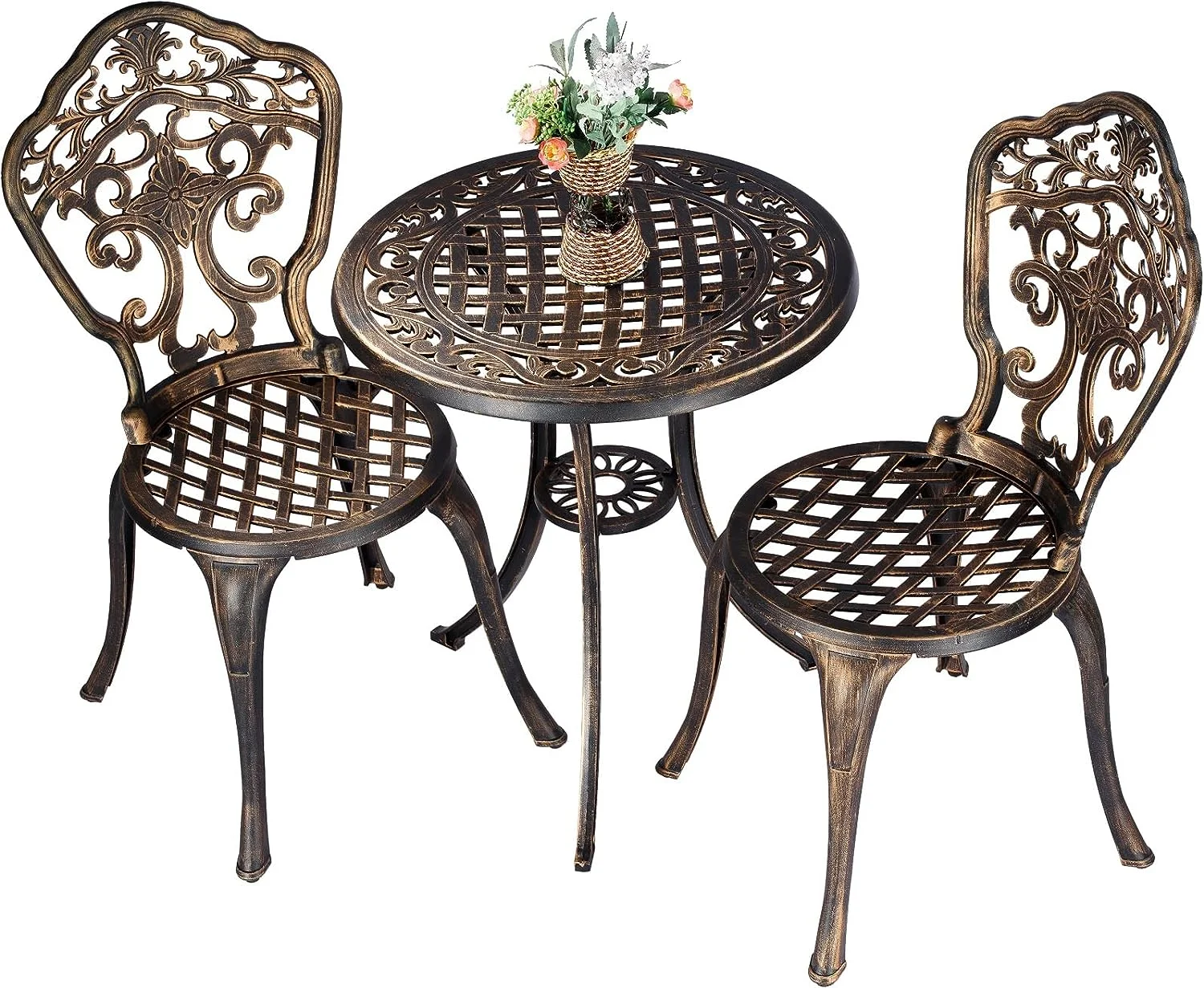 Bistro Set 3 Piece Rustproof Cast Aluminum Patio Furniture Sets 2 Chairs and 1 Round Table Outdoor, Garden, Patio, Balcony, Bronze
