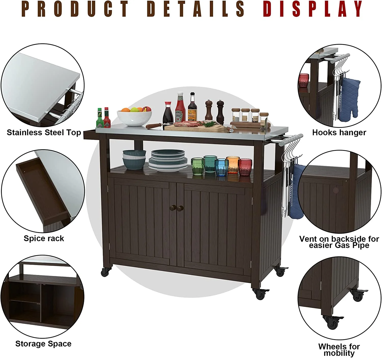 Outdoor Storage Cabinet Solid Wood Prep Grill Table with Stainless Steel Top Waterproof Cover Dark Brown