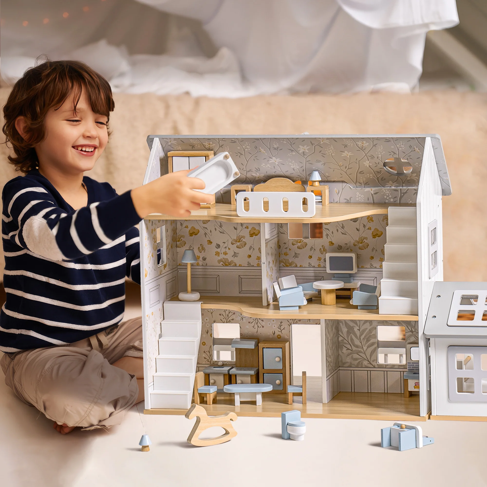 Robud Wooden Dollhouse Set with 25pcs Furniture,6-Room Doll Playhouse,Preschool Toy for Toddlers Kids Age 3+,Gray