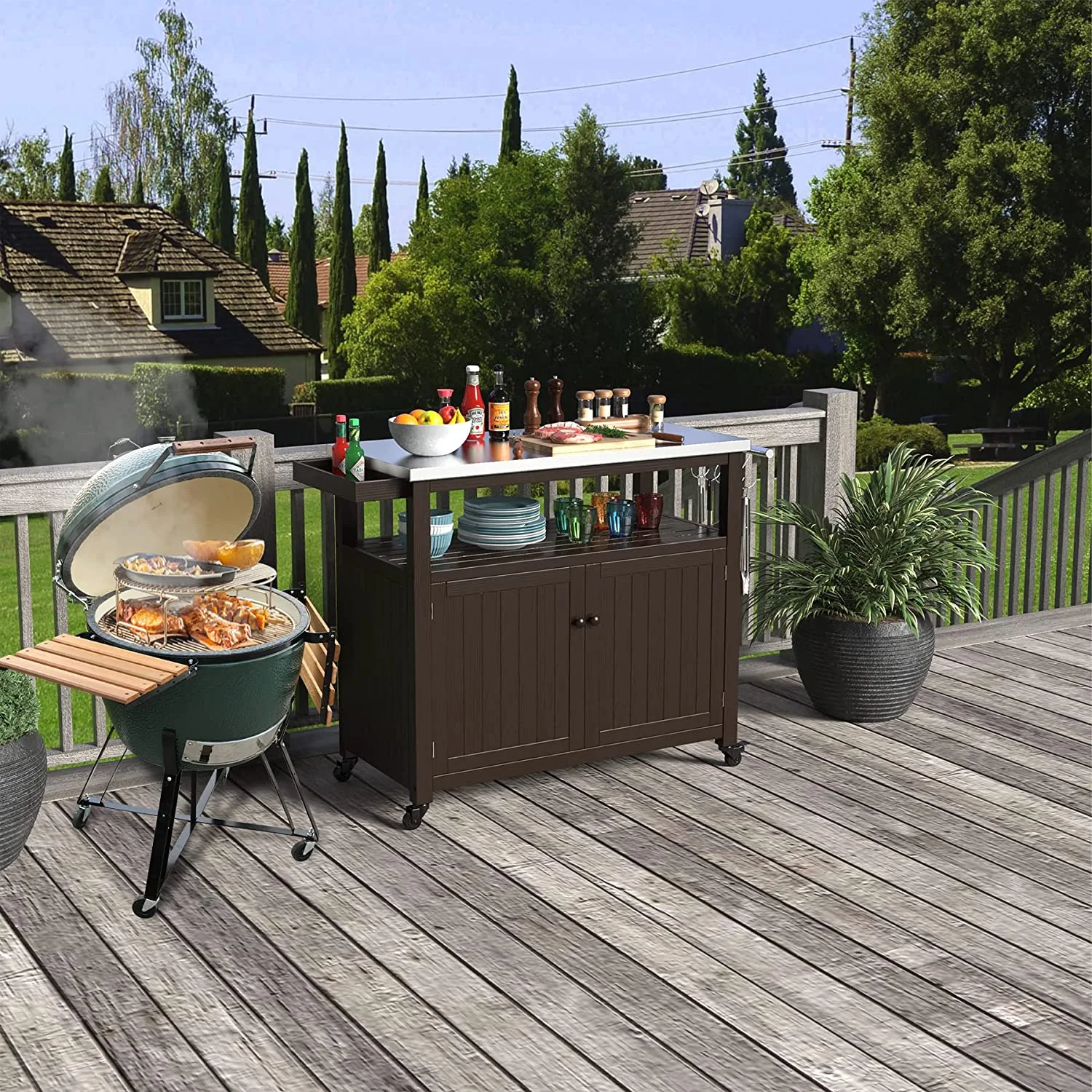 Outdoor Storage Cabinet Solid Wood Prep Grill Table with Stainless Steel Top Waterproof Cover Dark Brown