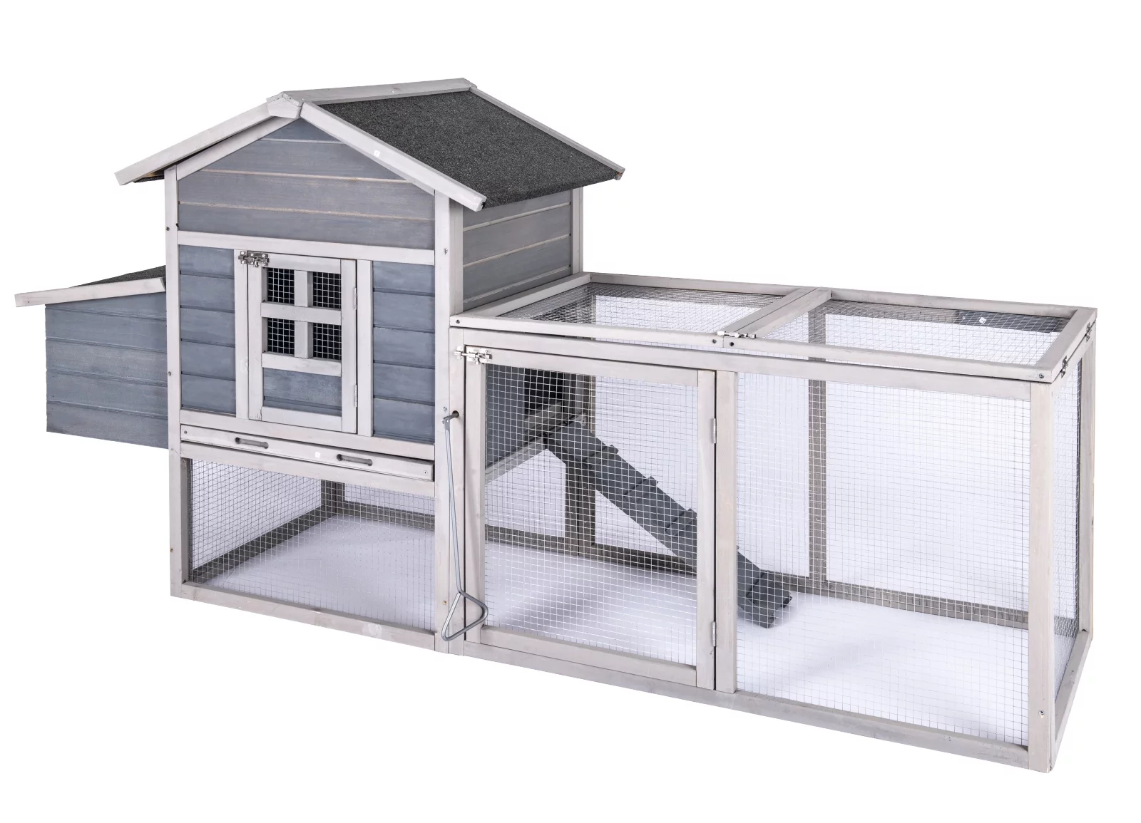 Chicken Coop for 2-4 Chcikens 80'' Wooden Rabbit Hutch Outdoor Poultry House with Chicken Run Cage, Egg Box & Waterproof Roof for Garden Backyard Gray