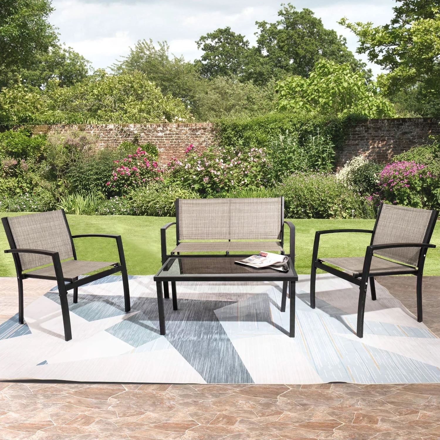 Vineego 4 Pieces Patio Furniture Outdoor furniture Modern Conversation Set Black Bistro Set, Beige, Steel