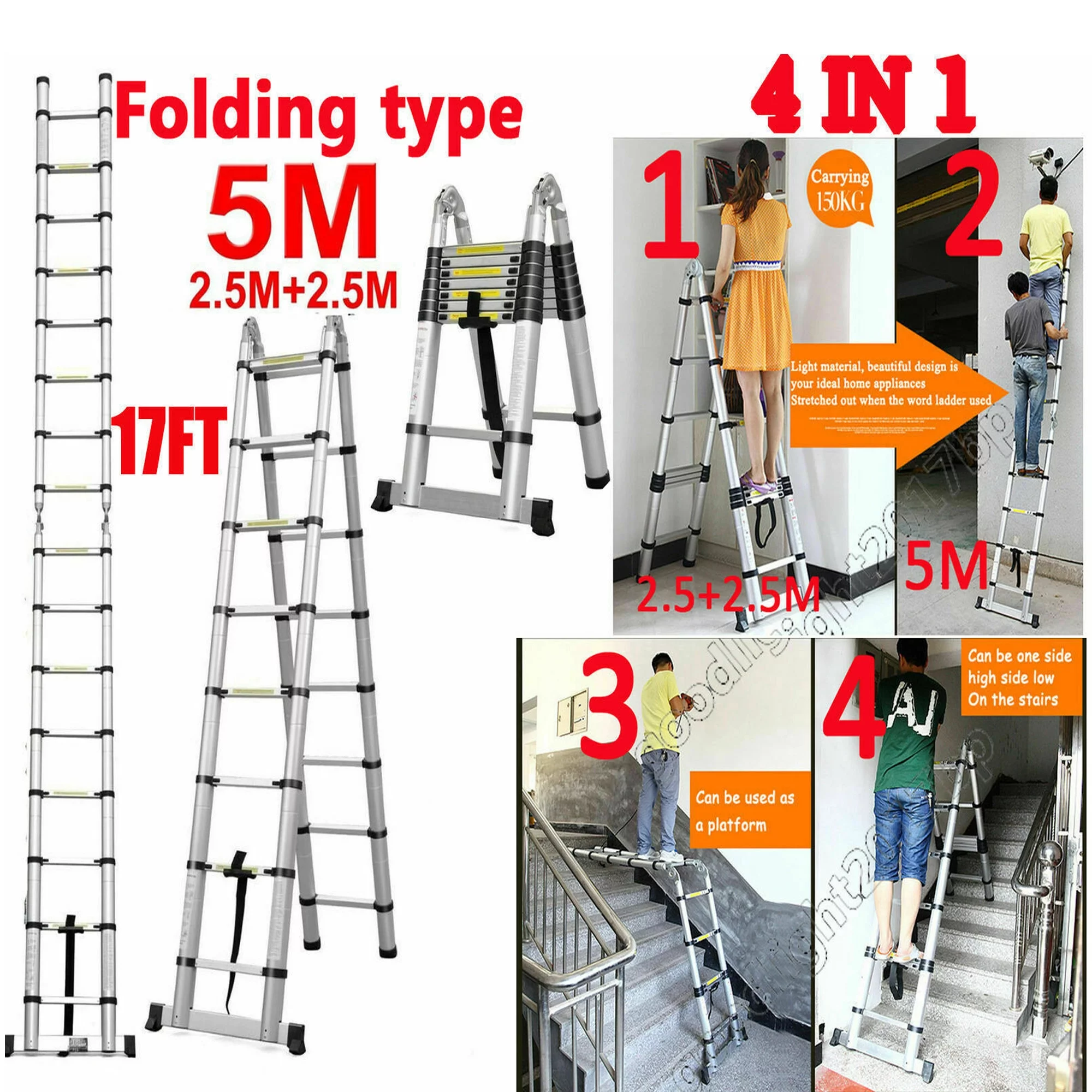 Telescopic Ladder 16.5Ft 5M Multi-Purpose Aluminium Telescoping a-Frame Folding Ladder Extension Extendable 330lb Load Capacity EN131 Standard