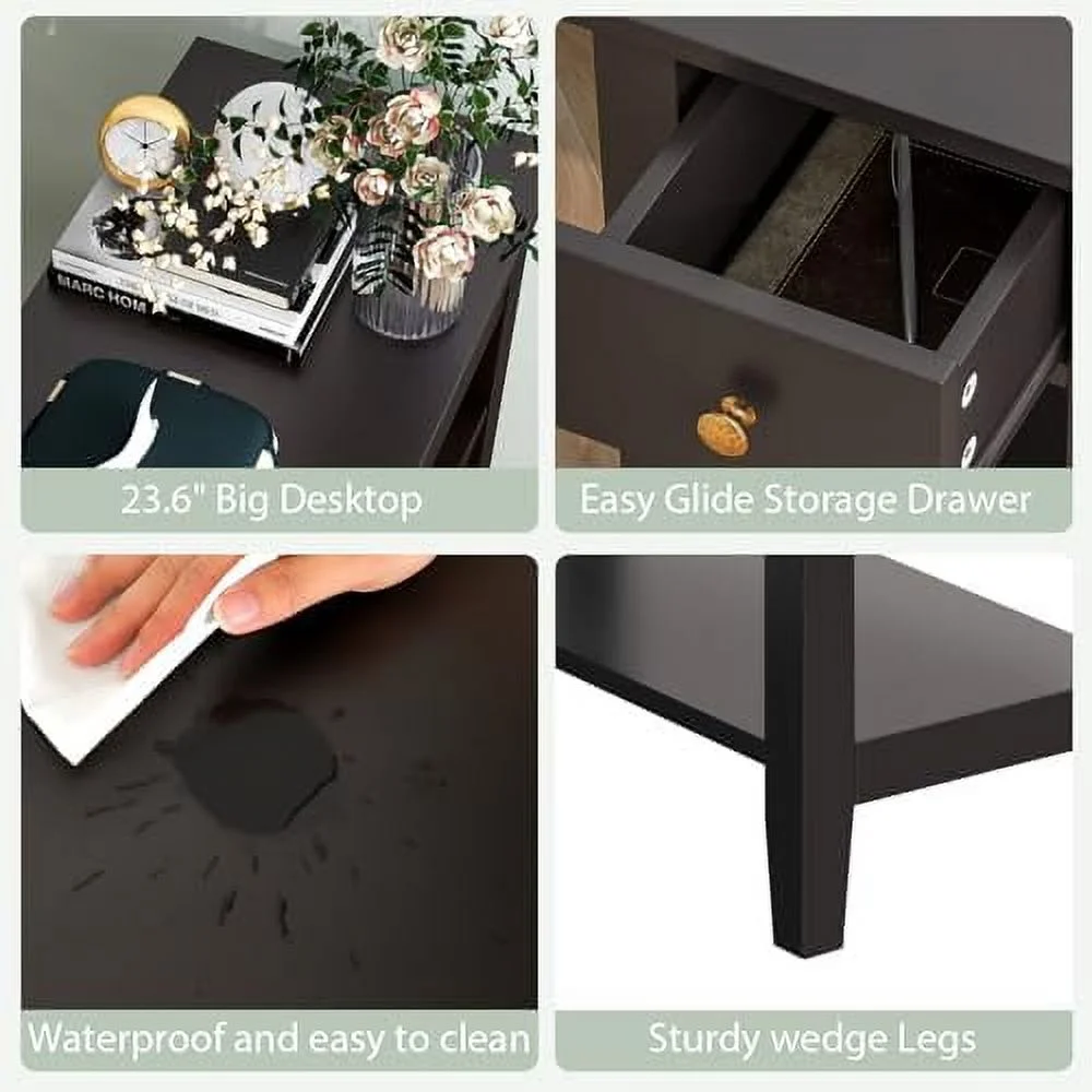 HYHBIBOOM Night Stand End Tables with  Drawer and 2 Tiers   23.6"  Bookshelf for Bedroom  Living Room  Easy Assembly (White)