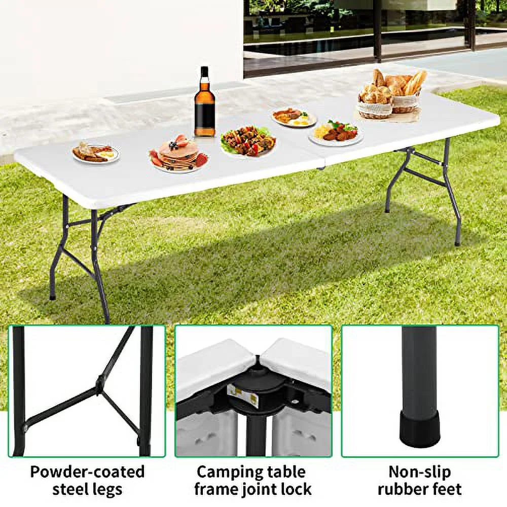8 Ft Folding Table Lightweight Plastic Table Fold-in-Half Utility Foldable Table with Carry Handle Indoor Outdoor Portable Table for Picnic, Camping and Party, White