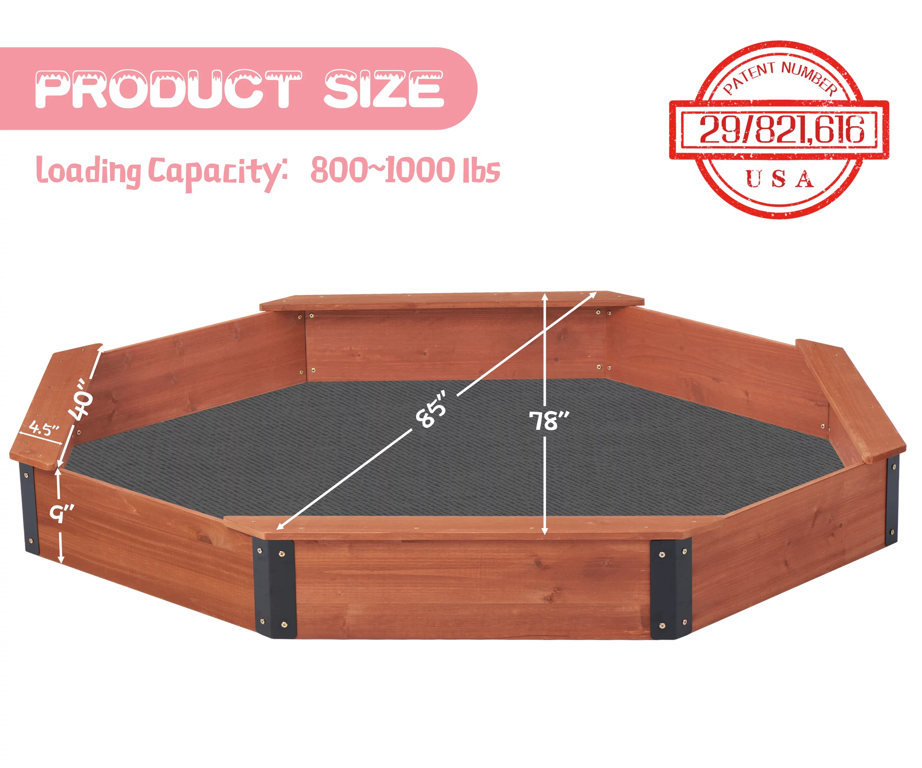 D-road Outdoor Wooden Kids Octagon Sandbox W/ Cover, Bottomless W/ Liner for Backyard Garden Play, Brown