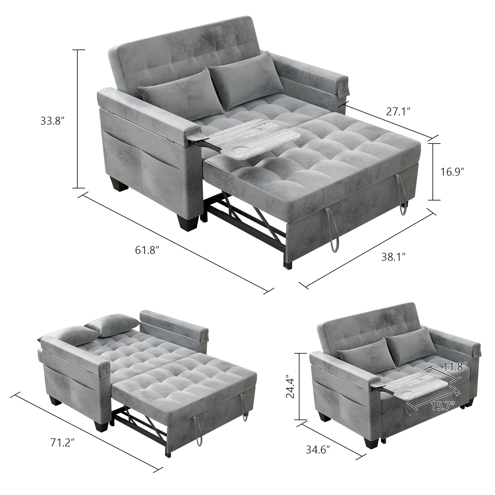 Belord 3-in-1 Convertible Pull Out Sleeper Sofa Bed with Storage Pockets and Side Table, Modern Velvet Loveseat Futon Couch with Adjsutable Backrest & 2 Pillows for Living Room, Bedroom, Grey