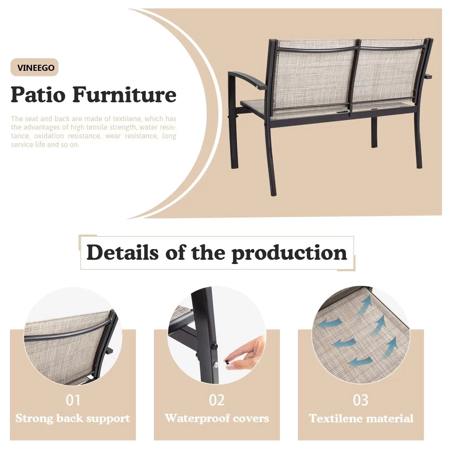 Vineego 4 Pieces Patio Furniture Outdoor furniture Modern Conversation Set Black Bistro Set, Beige, Steel