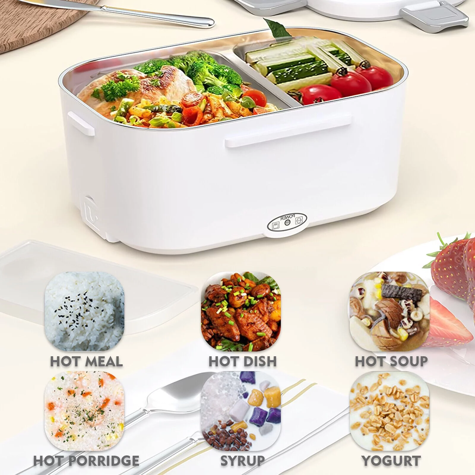 Electric Lunch Box Portable Food Warmer Leak Proof, Microwave Lunch Warmer with Removable Stainless Steel Container, Fork, Spoon and Carrying Bag 1.5 Liter, 110V/12V