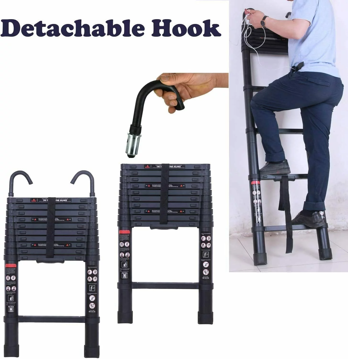 Telescoping Ladder with 2 Detachable Roof Hooks, 10 FT Aluminum Extension Ladder Step Ladders Loft Ladder Attic Ladder Collapsible Ladders for Home, Multi-Purpose Telescopic Ladder, 330 lb Capacity