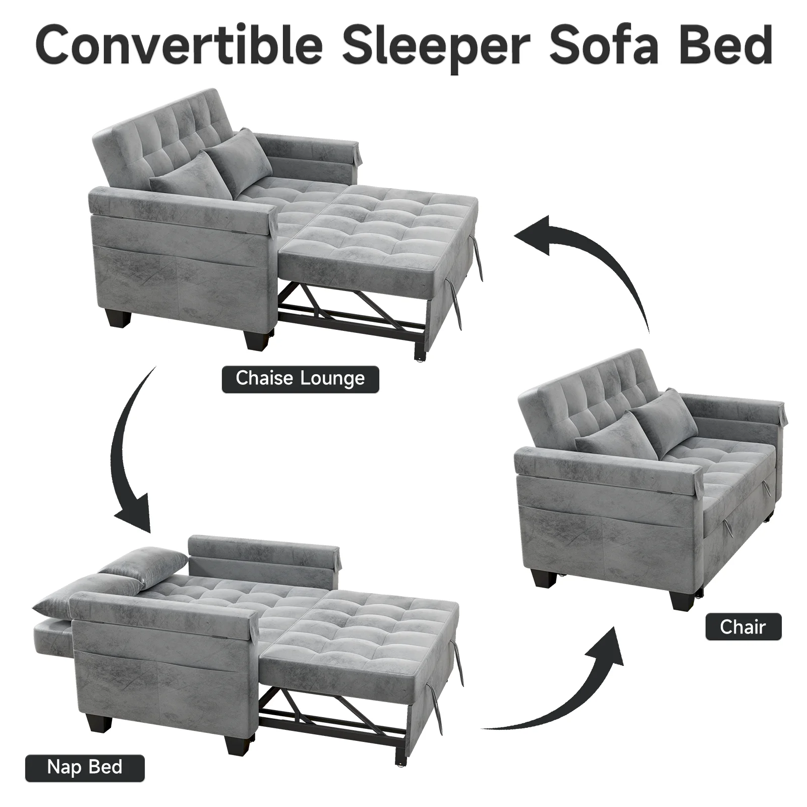 Belord 3-in-1 Convertible Pull Out Sleeper Sofa Bed with Storage Pockets and Side Table, Modern Velvet Loveseat Futon Couch with Adjsutable Backrest & 2 Pillows for Living Room, Bedroom, Grey