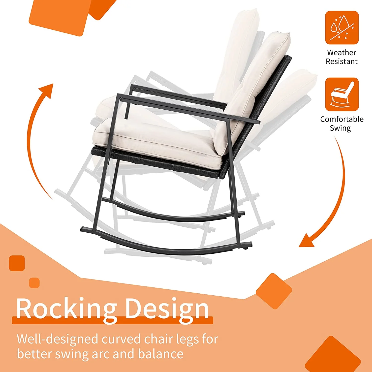 Shintenchi 3 Pieces Rocking Bistro Set Wicker Patio Outdoor Furniture, 2 Rattan Porch Chairs Conversation Sets with Glass Coffee Table (Beige)