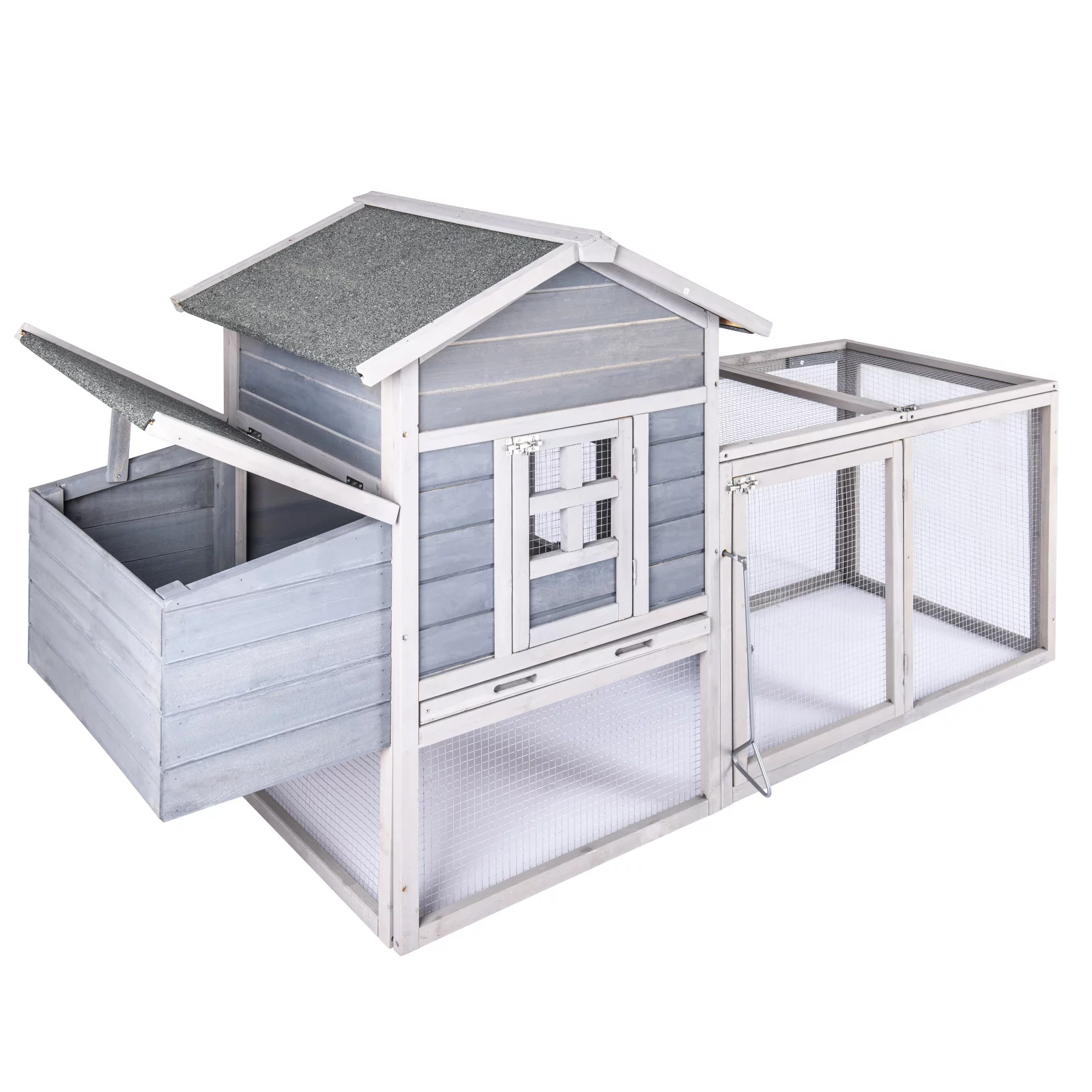 Chicken Coop for 2-4 Chcikens 80'' Wooden Rabbit Hutch Outdoor Poultry House with Chicken Run Cage, Egg Box & Waterproof Roof for Garden Backyard Gray