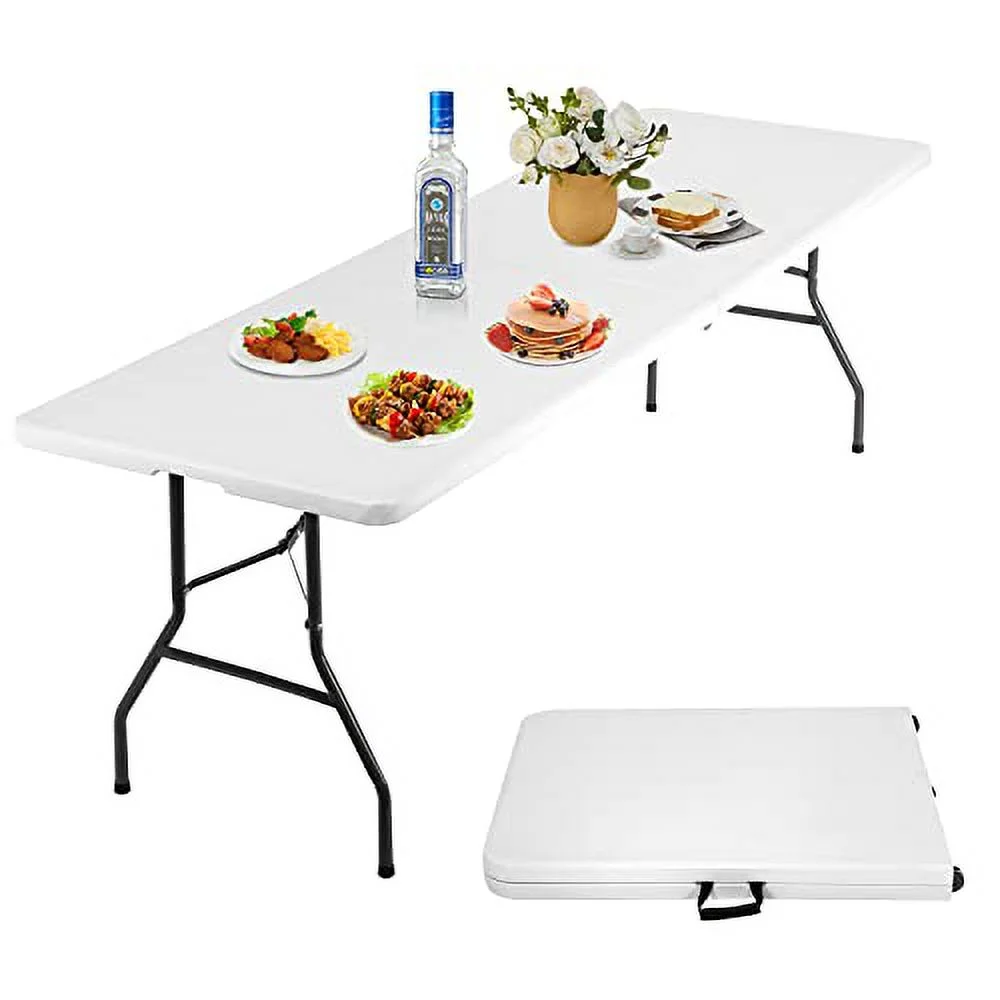8 Ft Folding Table Lightweight Plastic Table Fold-in-Half Utility Foldable Table with Carry Handle Indoor Outdoor Portable Table for Picnic, Camping and Party, White
