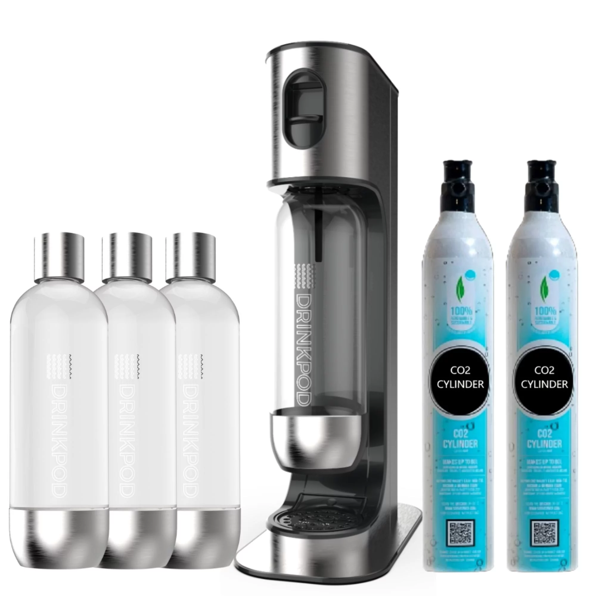 Drinkpod Stainless Steel Premium Sparkling Water Machine | Includes 2 C02 Cylinder & 3 x Bottles | Ultra Fizz Carbonated Machine In Stainless Steel