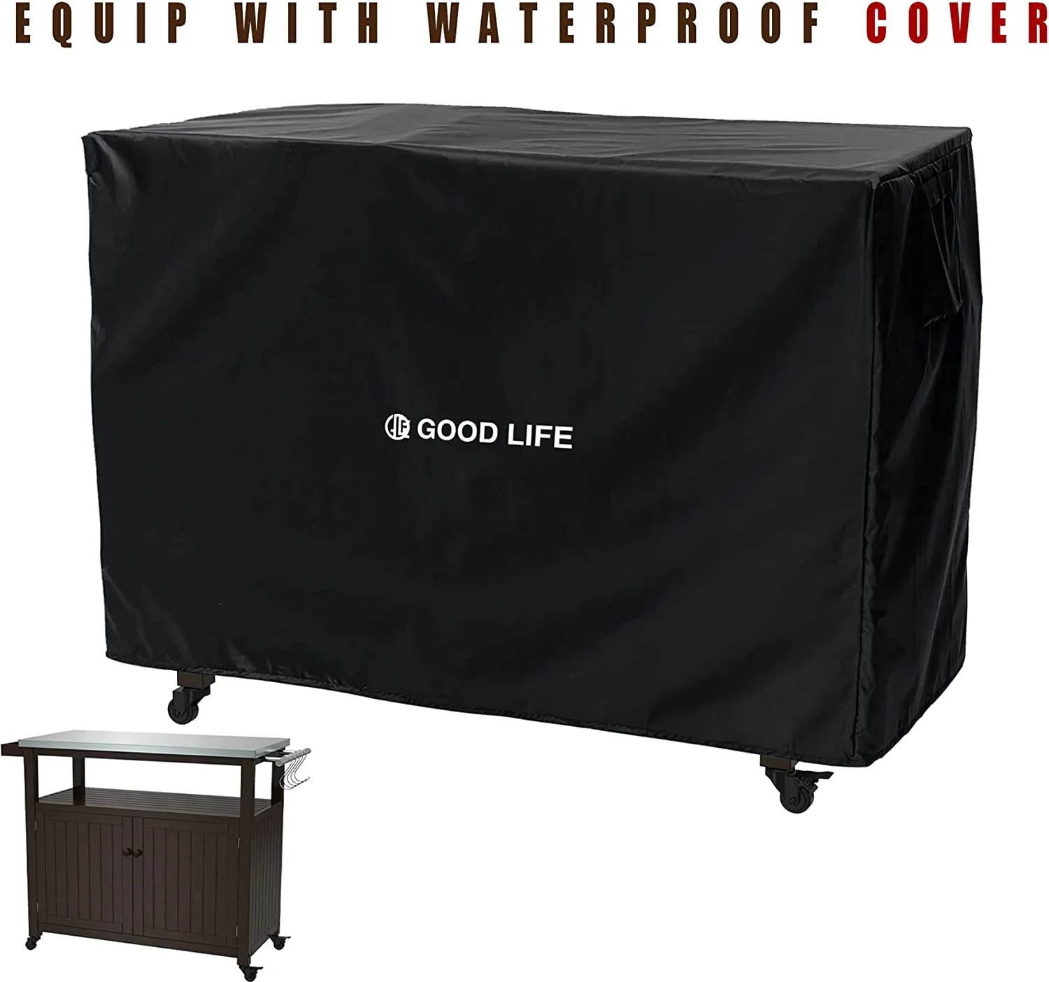 Outdoor Storage Cabinet Solid Wood Prep Grill Table with Stainless Steel Top Waterproof Cover Dark Brown