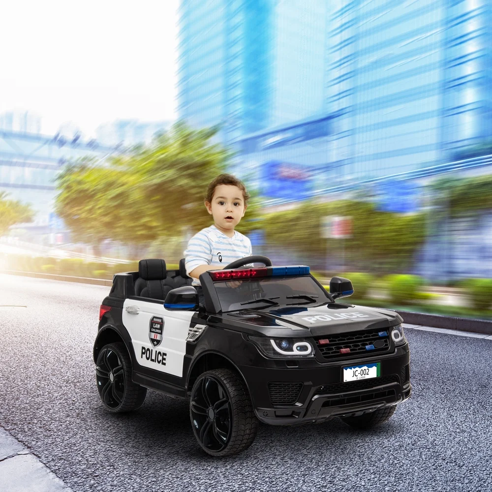 Track 7 Kids Ride on Police Car, 12V Electric Car for Boys Girls Age 3+, Flashing Siren, Microphone, Remote Control, Black