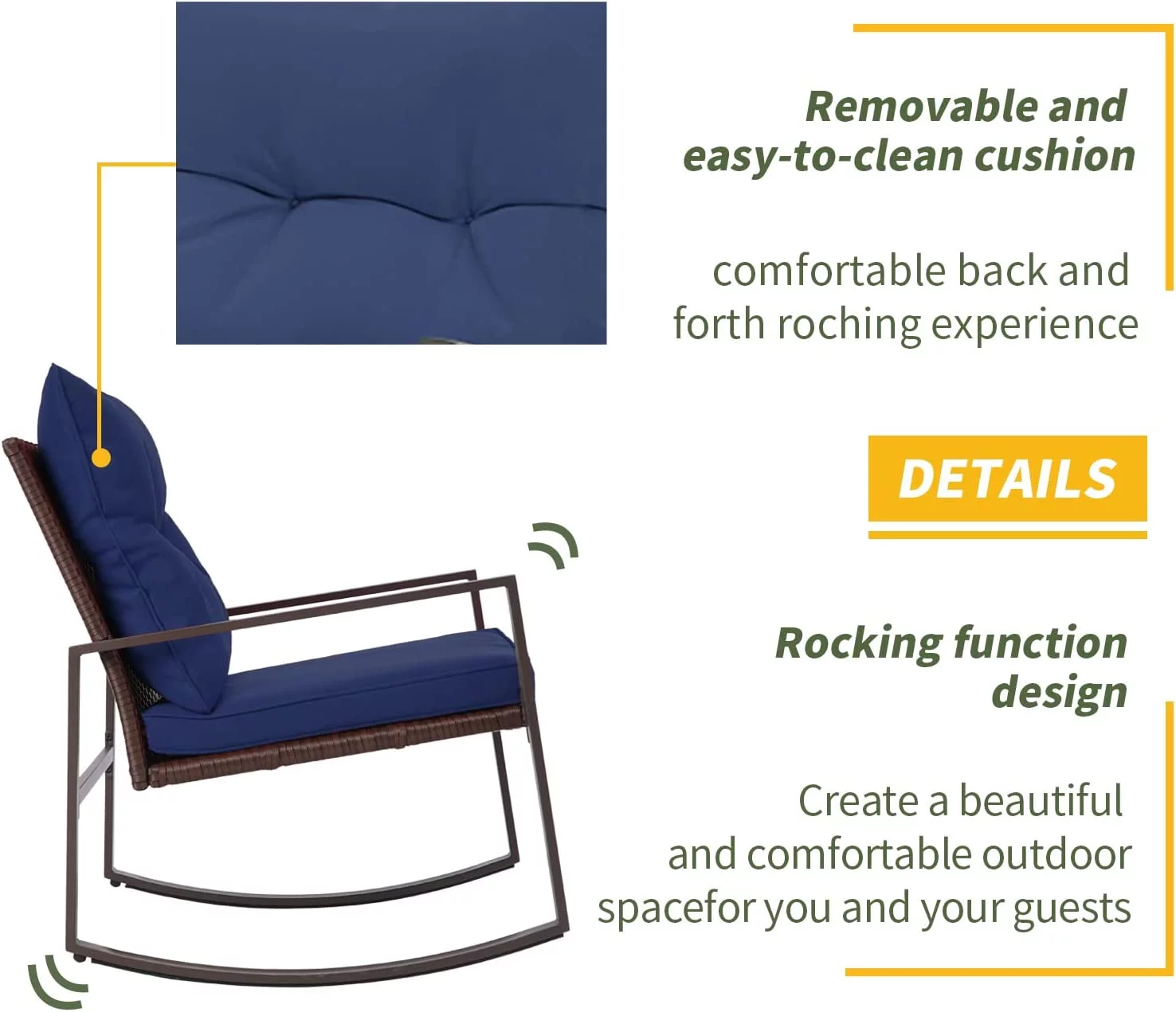 3 Piece Outdoor Rocking Bistro Set Brown Wicker  Porch Chairs Conversation Sets with Glass Coffee Table  Dark Grey