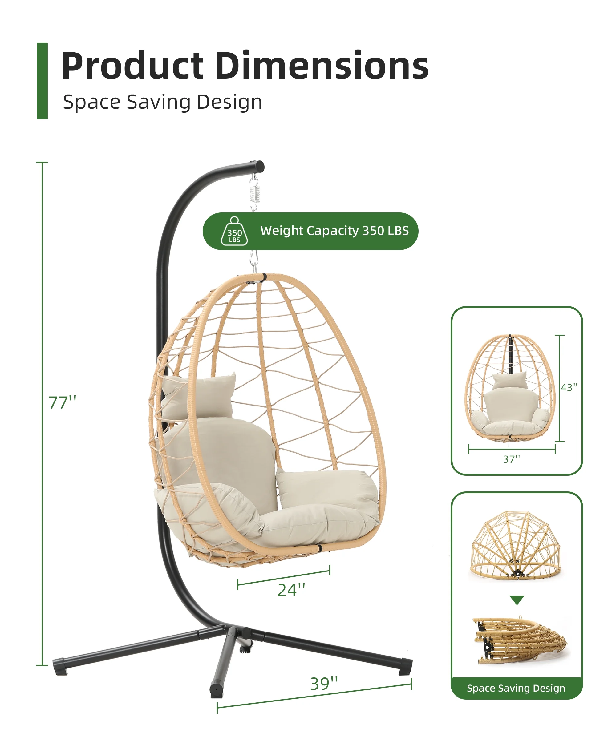 LHBcraft Indoor Outdoor Swing Egg Chair with Stand, Patio Wicker Hanging Egg Basket Chair with Soft Cushion UV Resistant 350LBS Capacity for Patio Backyard