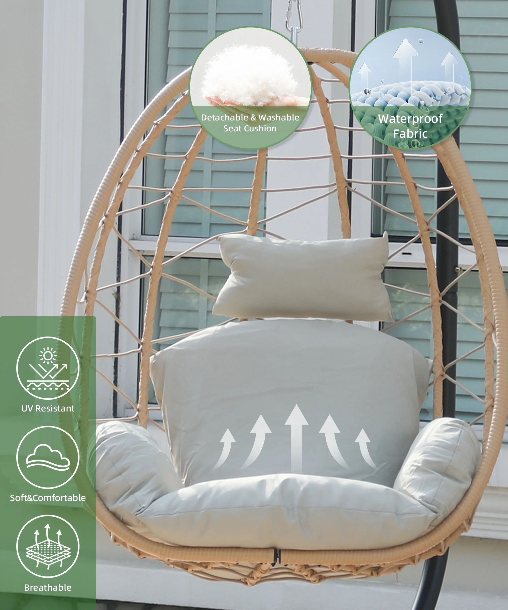 LHBcraft Indoor Outdoor Swing Egg Chair with Stand, Patio Wicker Hanging Egg Basket Chair with Soft Cushion UV Resistant 350LBS Capacity for Patio Backyard