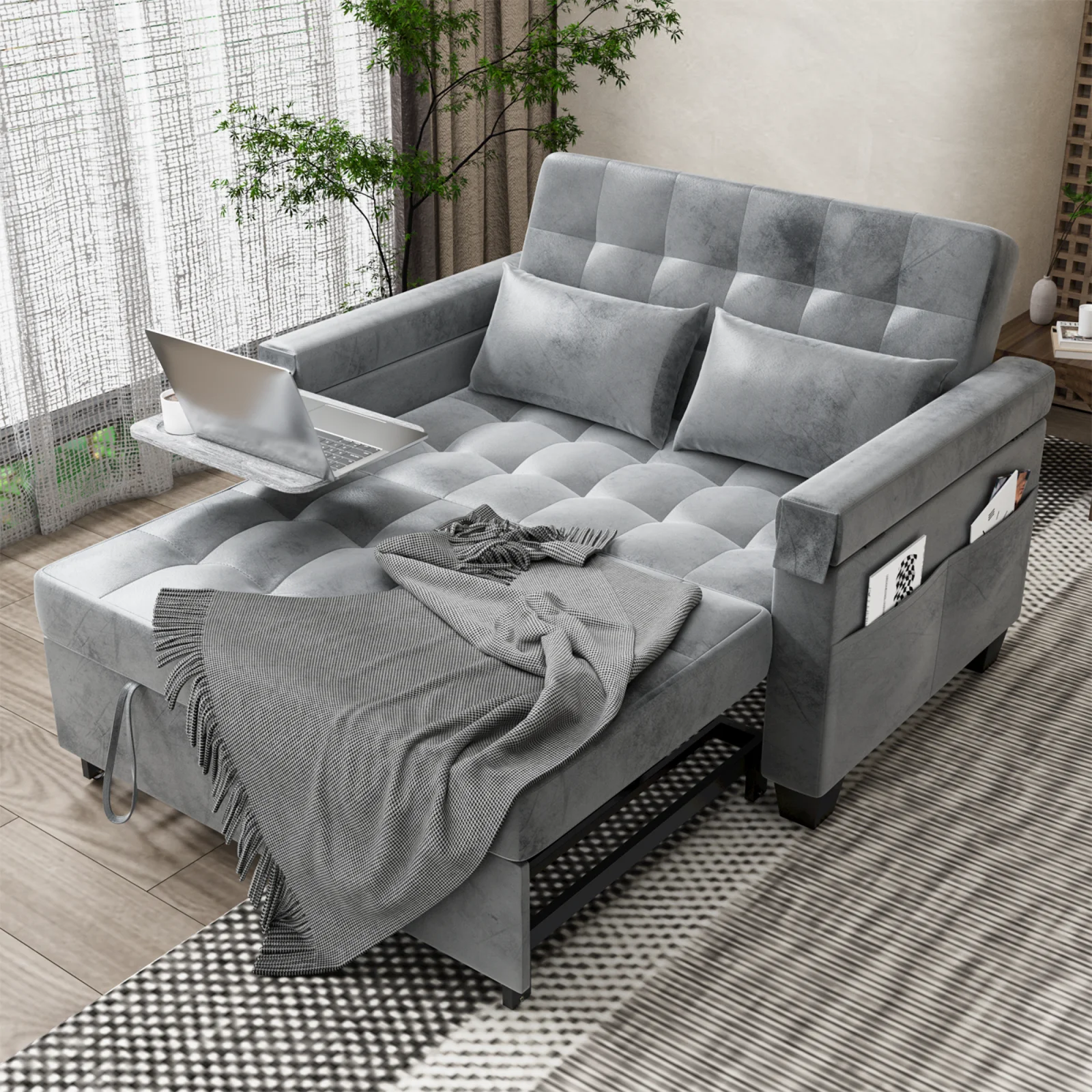 Belord 3-in-1 Convertible Pull Out Sleeper Sofa Bed with Storage Pockets and Side Table, Modern Velvet Loveseat Futon Couch with Adjsutable Backrest & 2 Pillows for Living Room, Bedroom, Grey