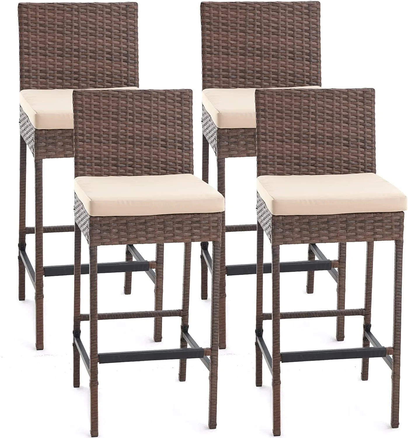 AVAWING Outdoor Wicker Rattan Bar Stools Set of 4 with Cushion for Backyard, Brown