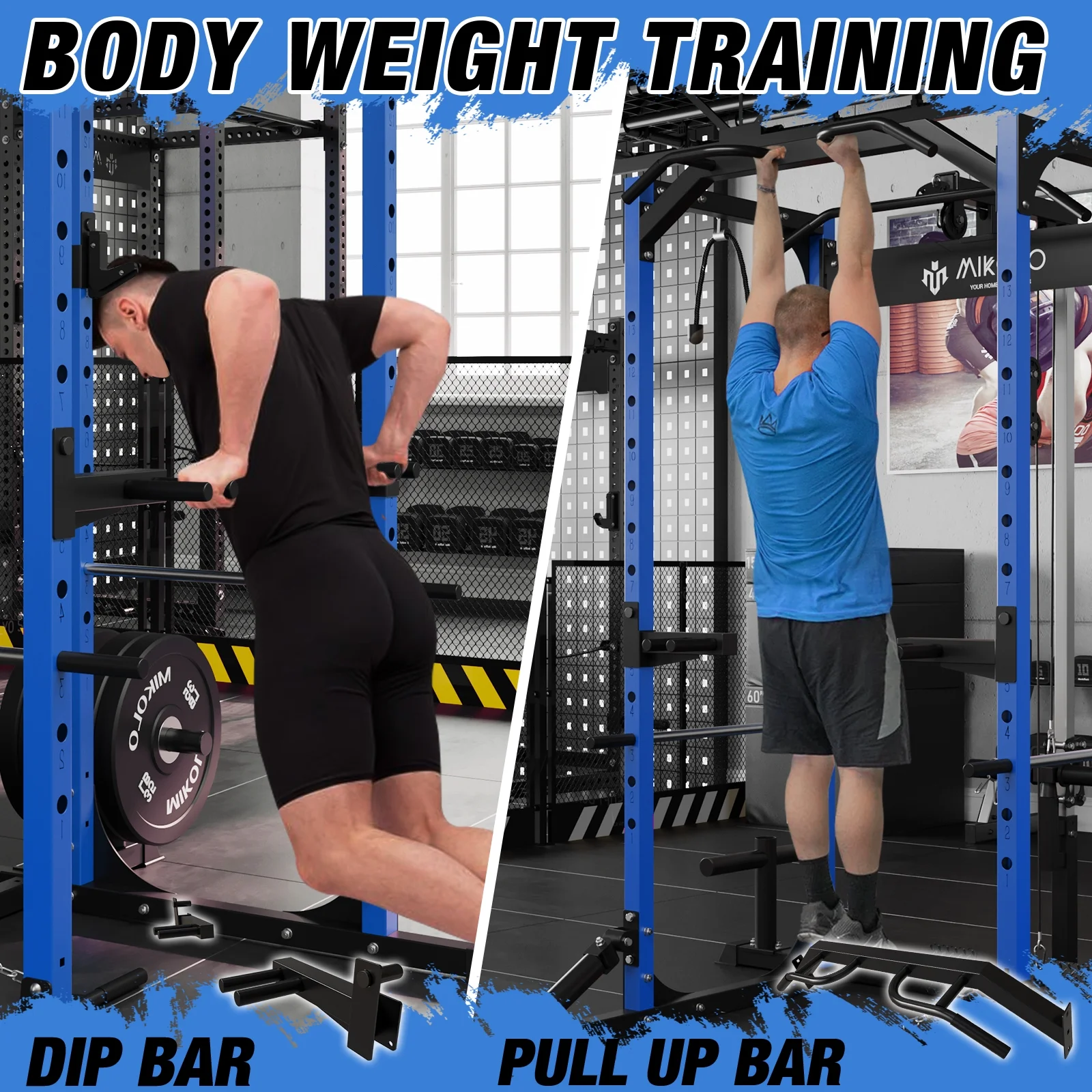 Mikolo Power Rack Cage with LAT Pulldown System, 1200LBS Capacity Power Rack, Multi-Functional Squat Rack with 13-Level Adjustable Height and J-Hooks, Dip Bars, T-Bar, Squat Cage(Upgraded)