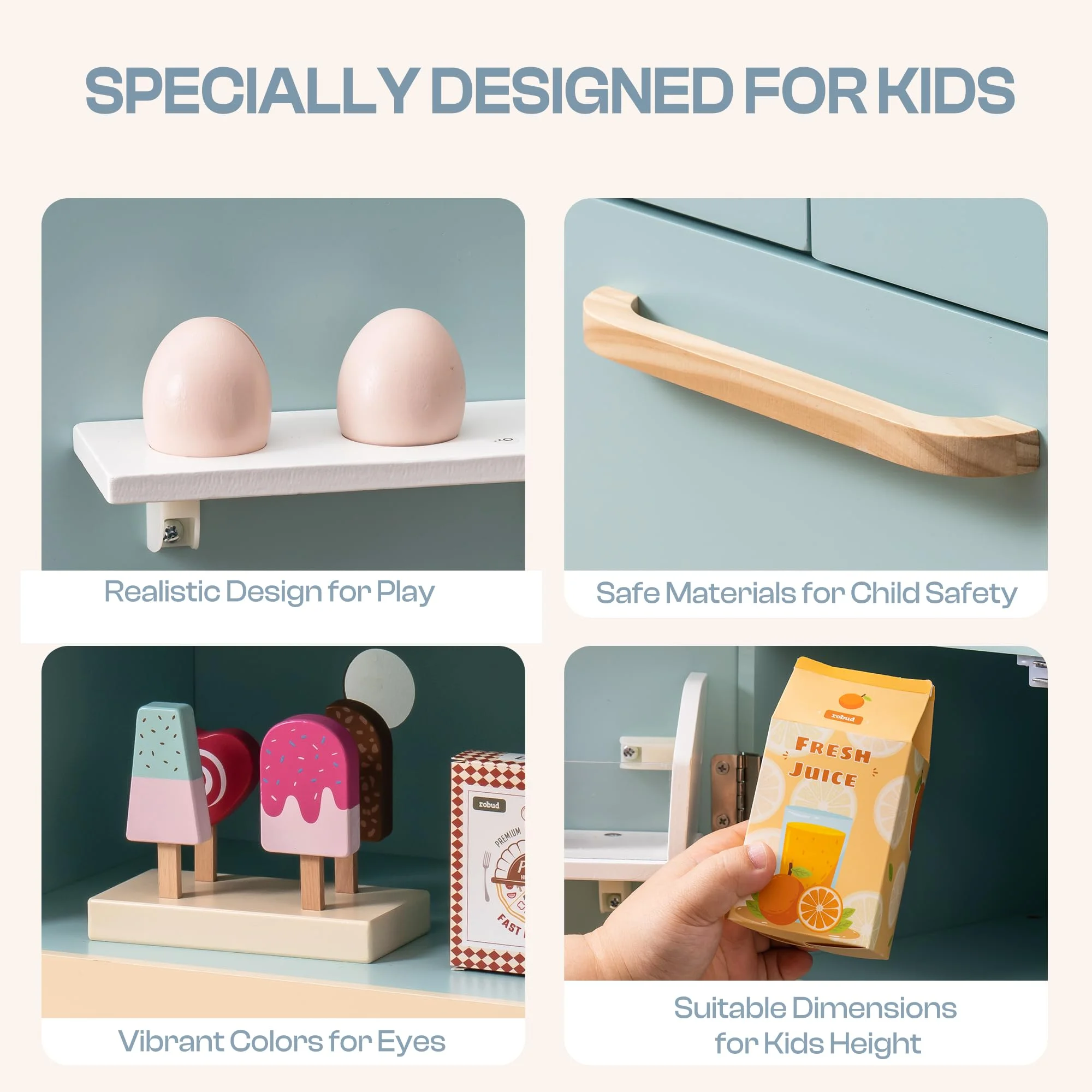 Robud Play Kitchen for Toddlers,Fridge Refrigerator with Ice Dispenser,Wooden Kids Play Kitchen Playset Toy,Gift for Ages 3+,Blue