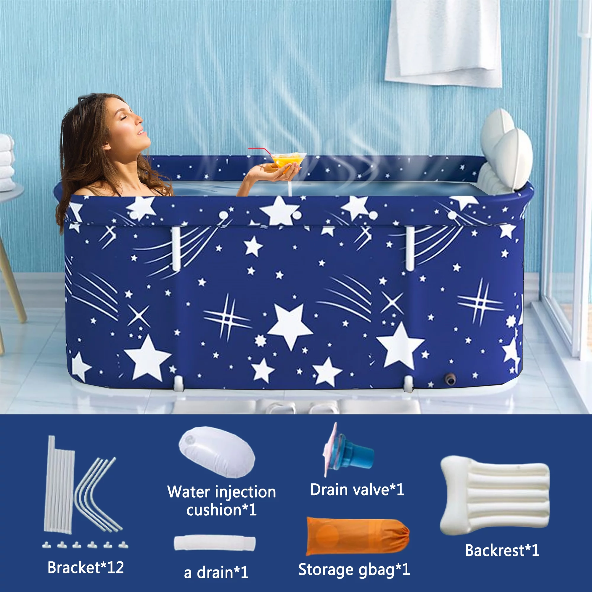 INXTAINER Folding Bathtub for Adult, 47in Large Protable Family APS Tub Foldable Soaking Bathing Shower Tub Kit for 2 Person, Starry Blue