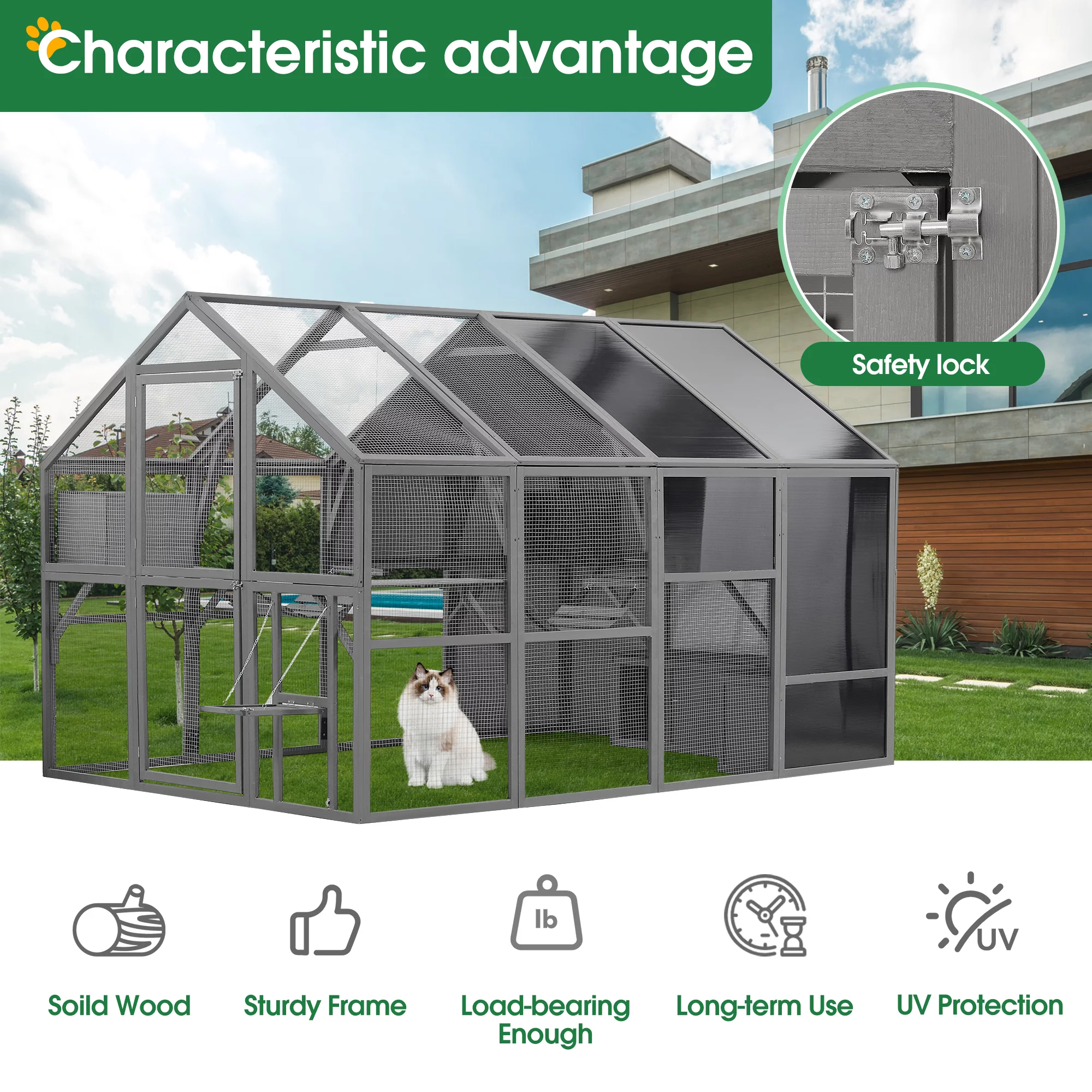 Cat House Outdoor Luxurious Cat Condo, Segmart Walk-in Weatherproof UV Proof Walk in Catio Enclosure Iguana Cage with Sunshine Board, Super Large Enter Door, Sleeping Houses, Bridges, Dark Grey