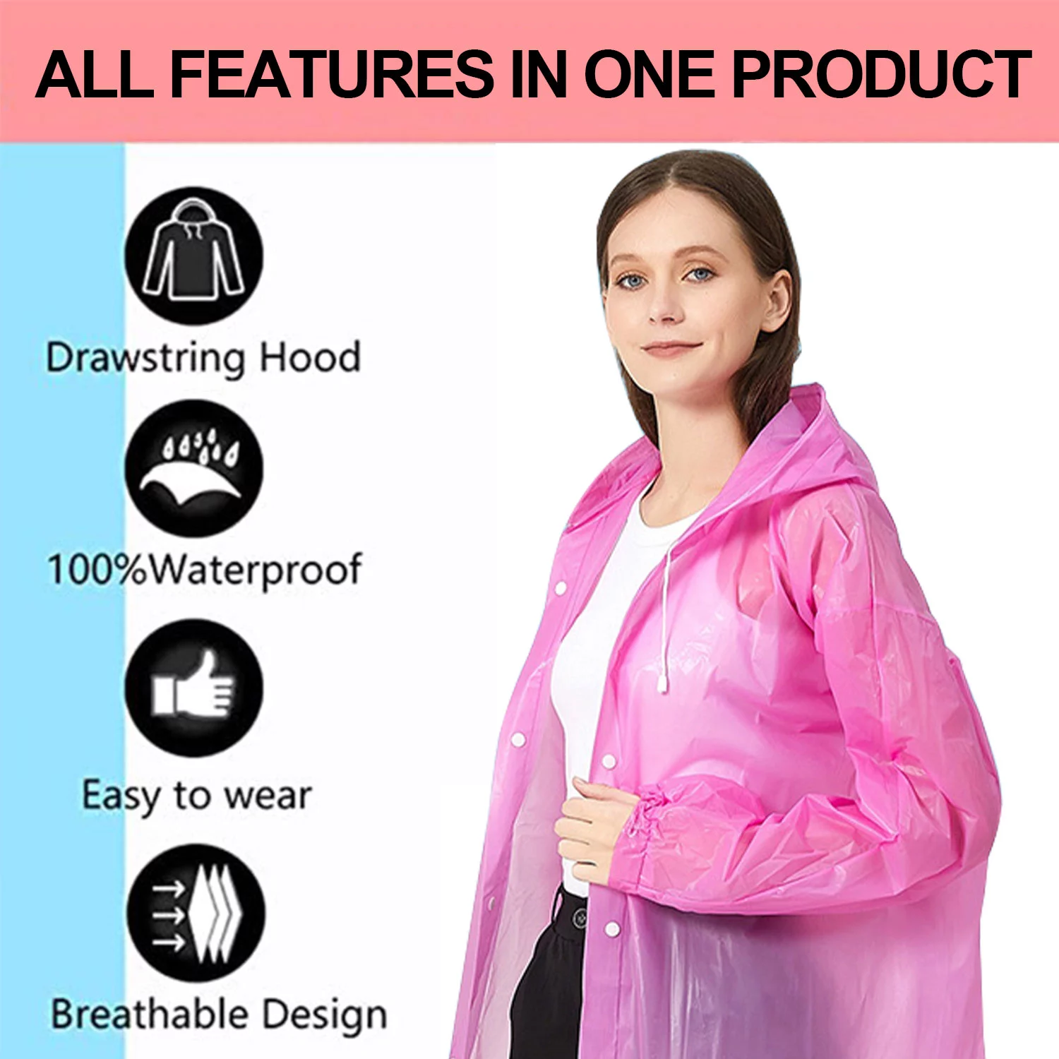 Raincoat Waterproof Rain Coat Poncho Long Rain Jackets Lightweight with Drawstring Hood for Men Women (Pink 1 pack + Purple 1 Pack)