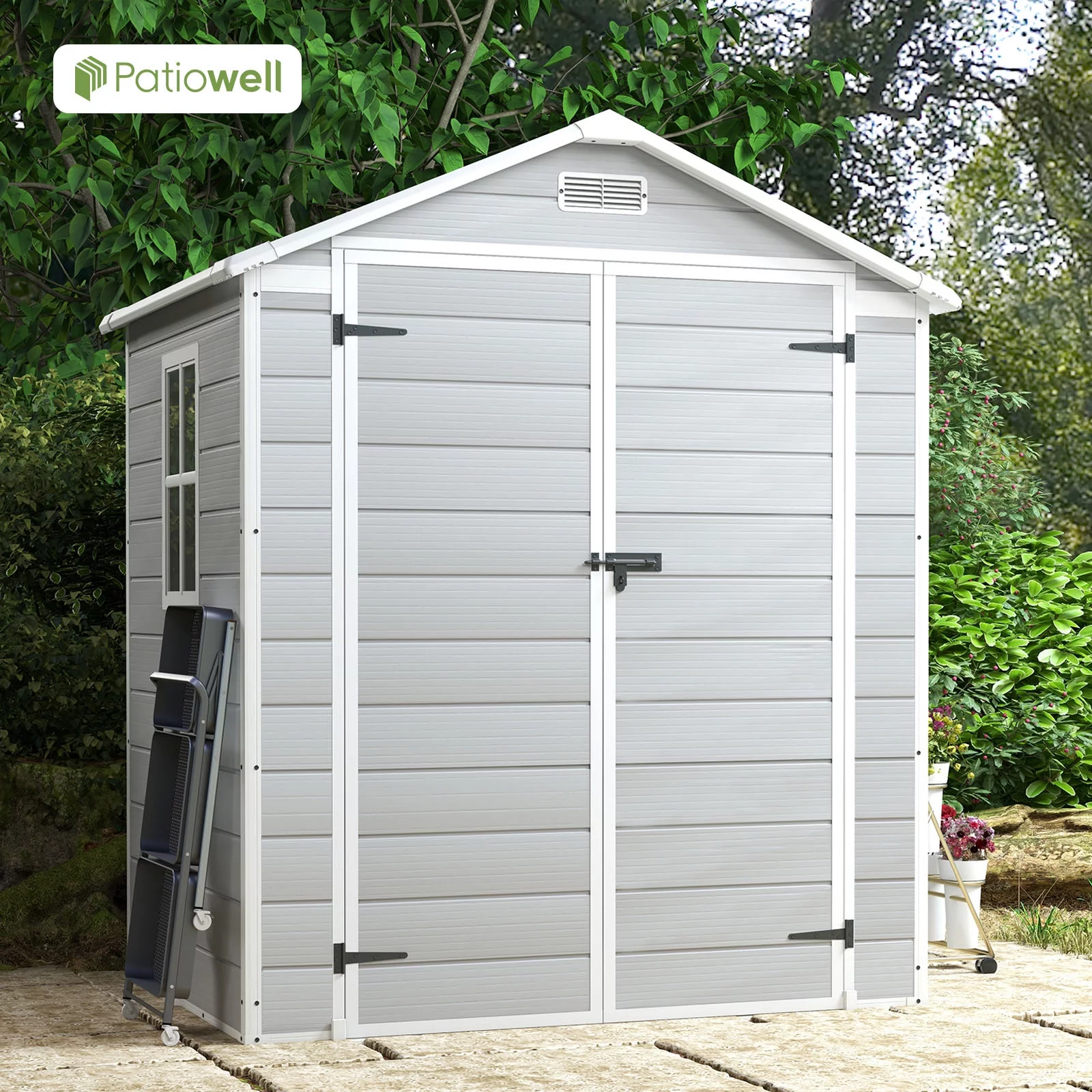 Patiowell 6x4 Resin Outdoor Storage Shed-Perfect to Store Patio Furniture, GardenTools Bike Accessories, Beach Chairs and Lawn Mower, Grey & White