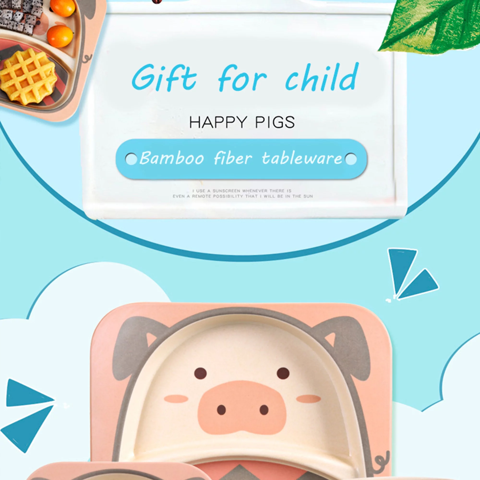 5Pcs/Set Bamboo Kids Dinnerware Set - Children Dishes - BPA Free Food Plate Bowl Cup Spoon Fork Set Dishware, Cartoon Tableware - Strawberry