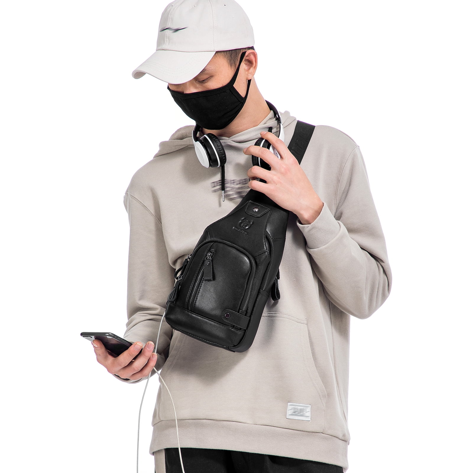 BULLCAPTAIN Men Leather Sling Bag Casual Shoulder Chest Crossbody Bag Hiking Travel Daypack with USB Charging Port